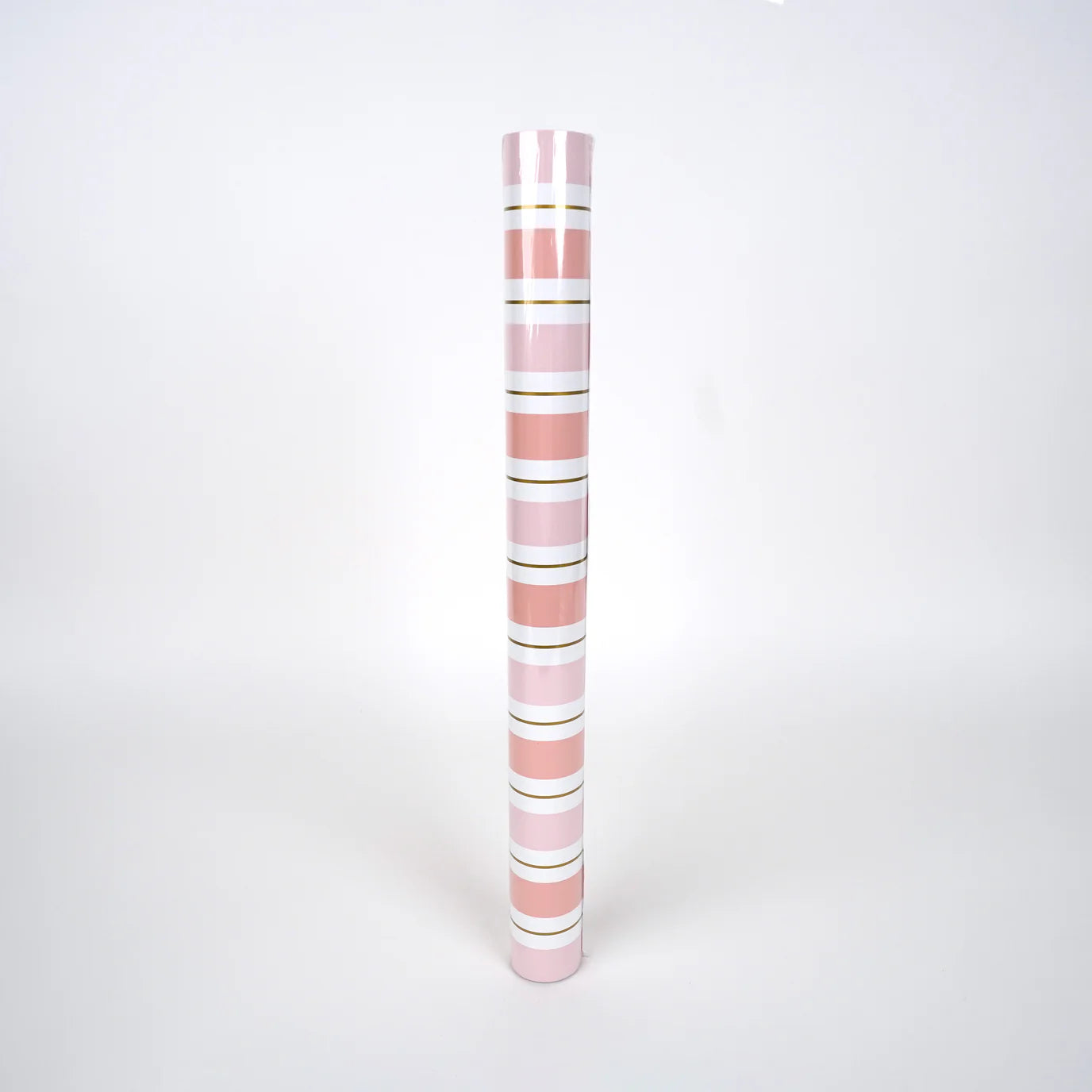 Roll of pink striped paper table runner with gold accents, 18 x 120 inches