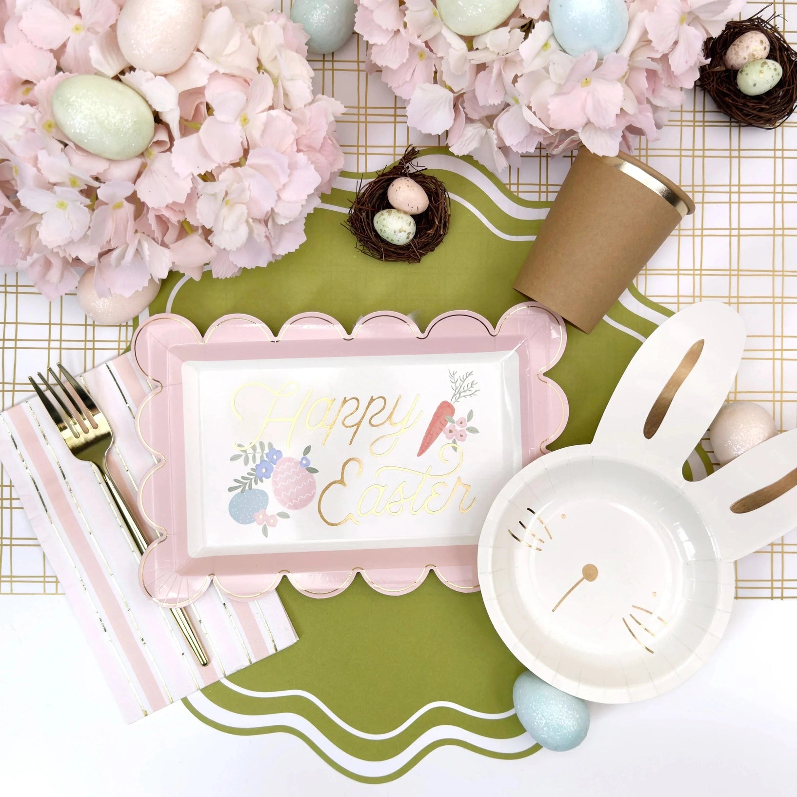 Easter table with pink striped paper guest towels, chic pink paper napkins