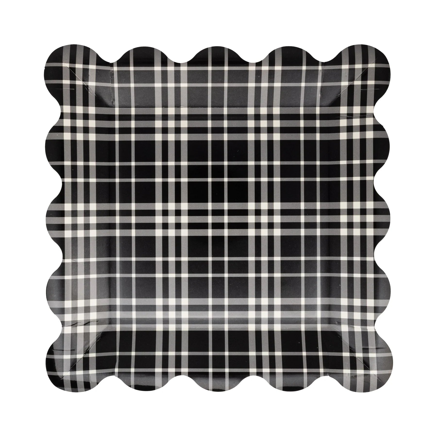 Single black plaid scalloped square paper plate on white background