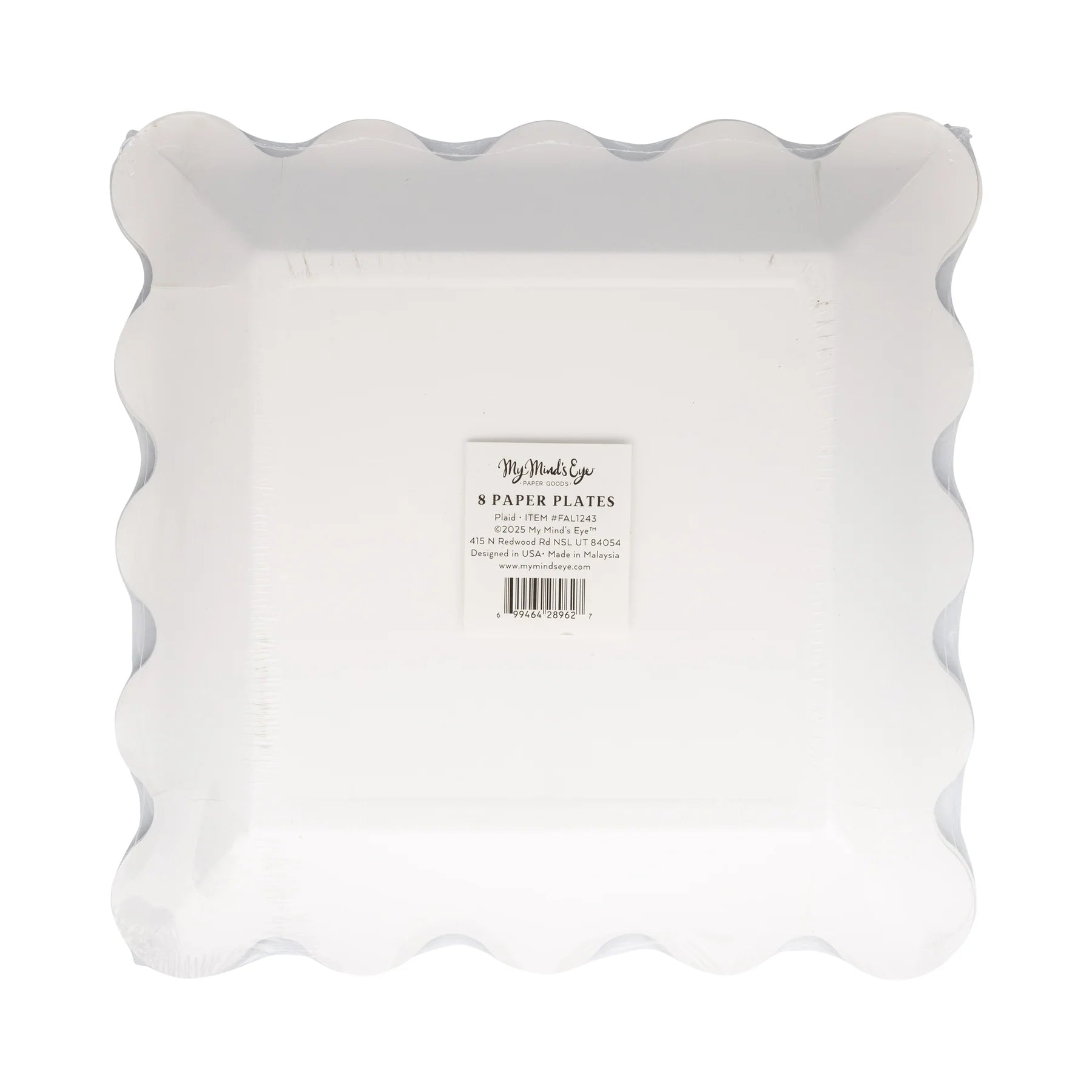Back of package for plaid scalloped square paper plates, 8 count