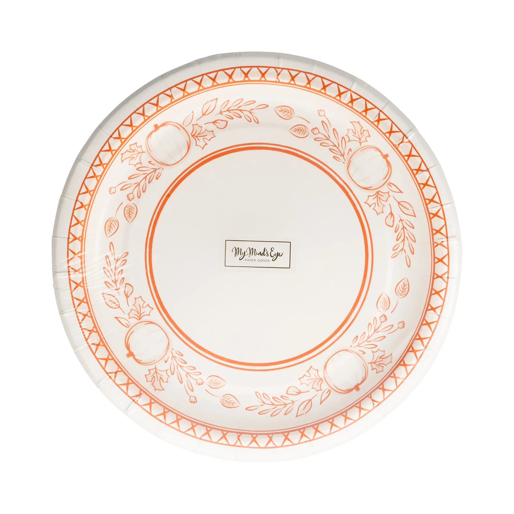Front pack showing 8 inch round plates with pumpkin border