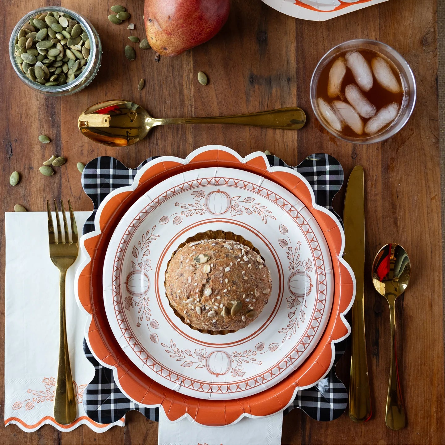 Fall place setting with pumpkin round dessert plate and bread bowl