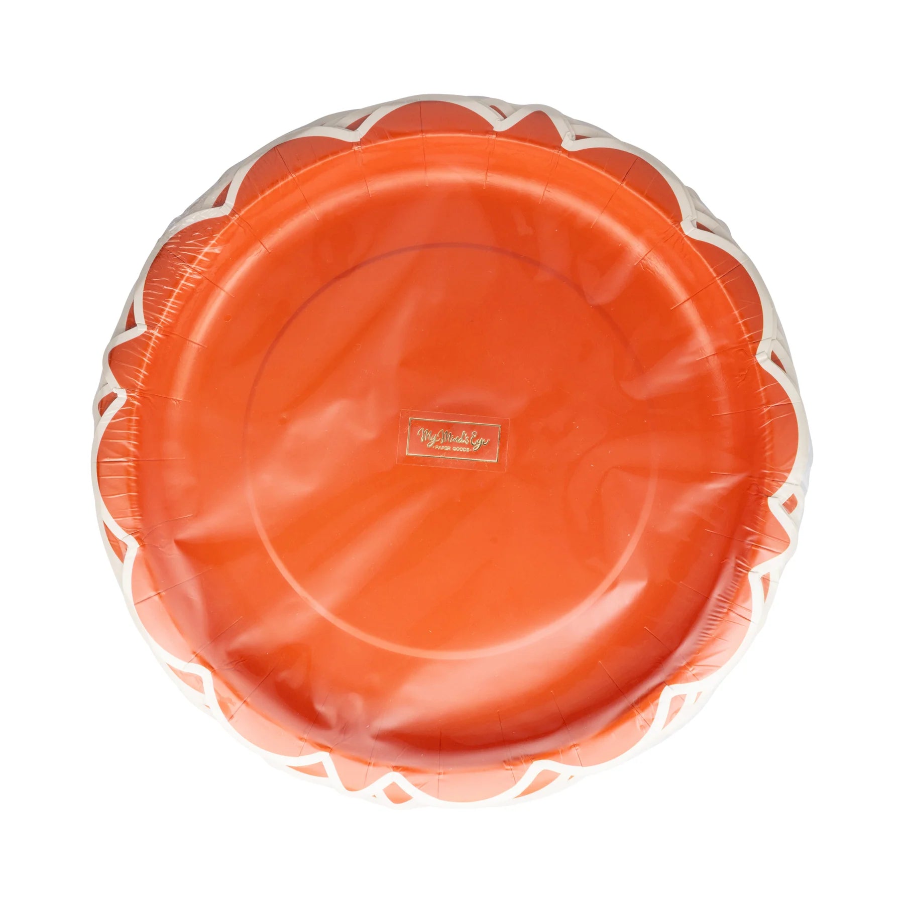 Front pack showing rust orange scalloped round dinner plates