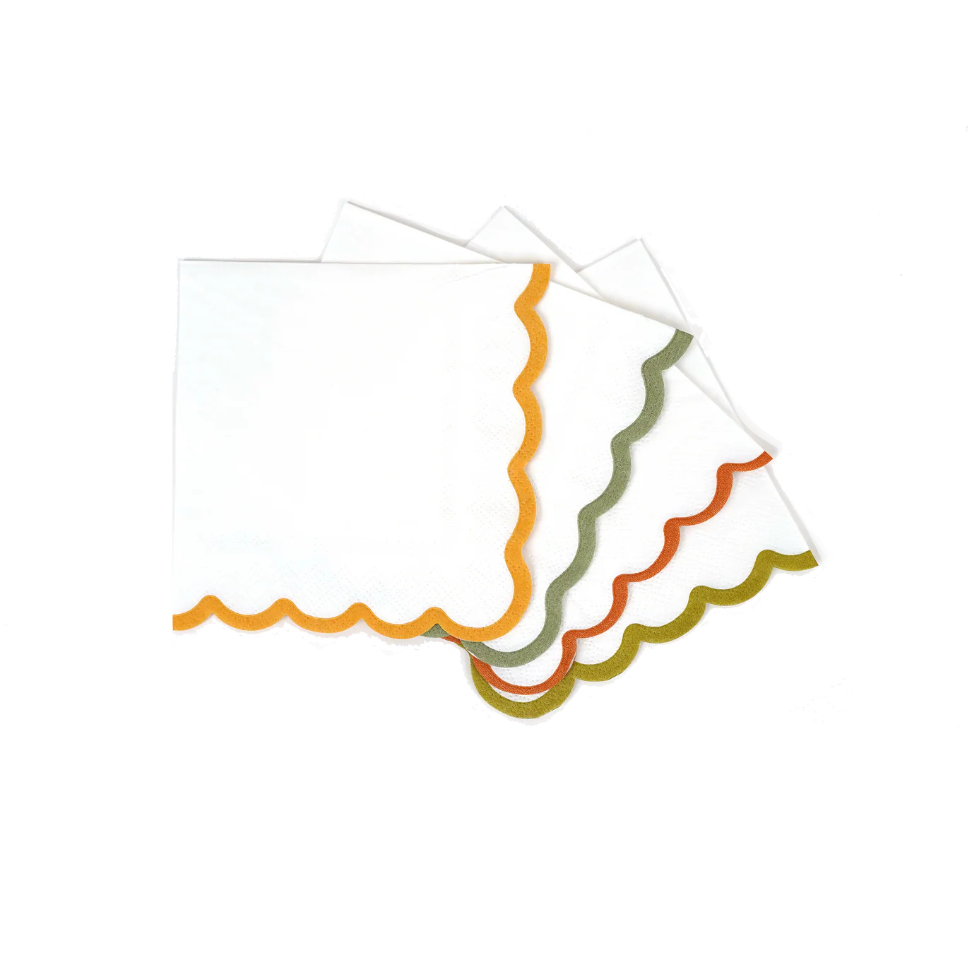 Trio of scalloped edge fall napkins fanned out, cocktail size