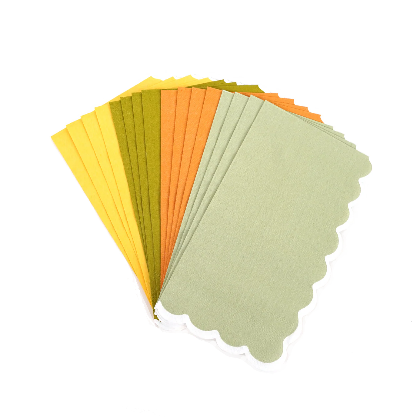 Fan of mixed color scallop paper guest towels, pack of 16