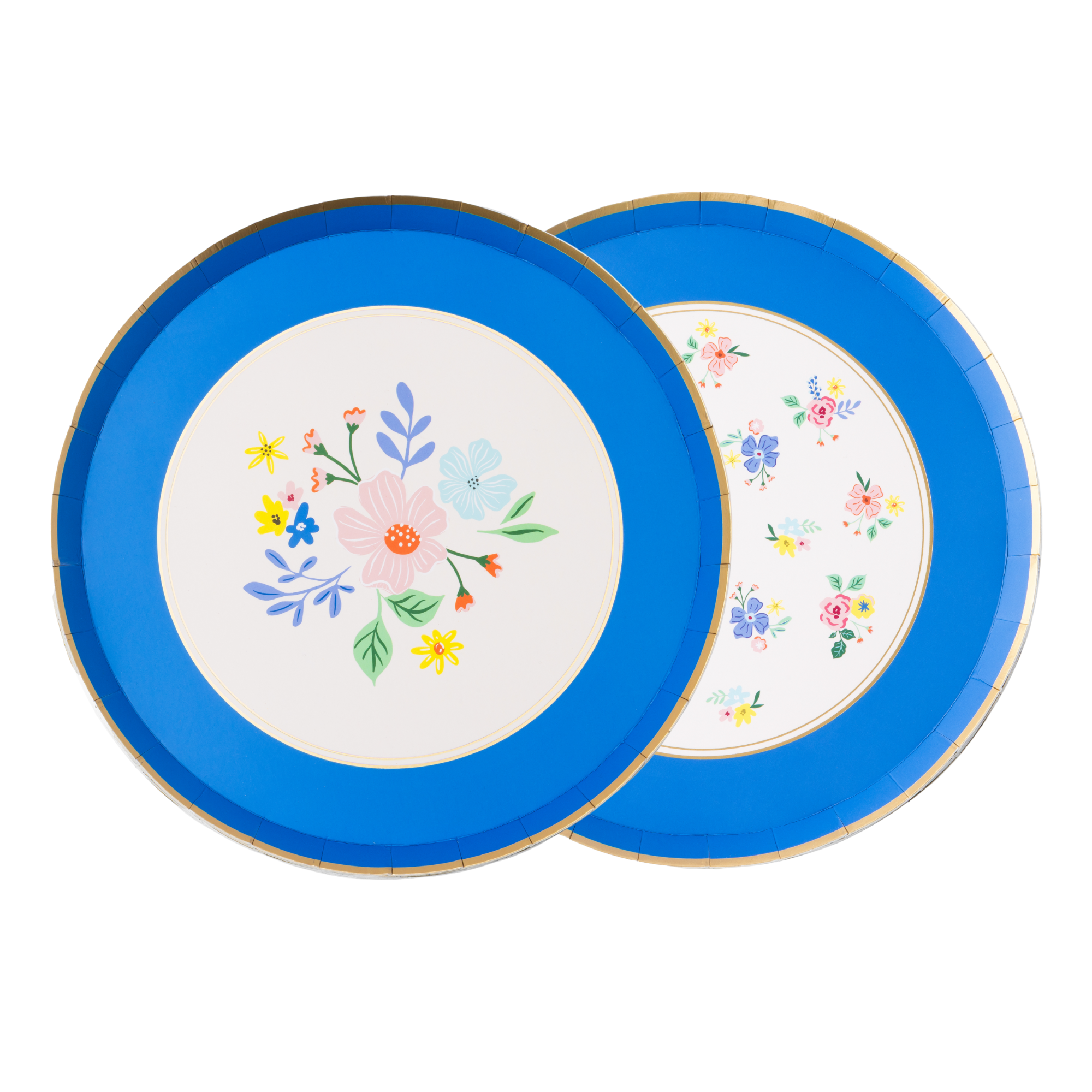 Blue rim floral dessert plates with delicate multicolor flower design.

