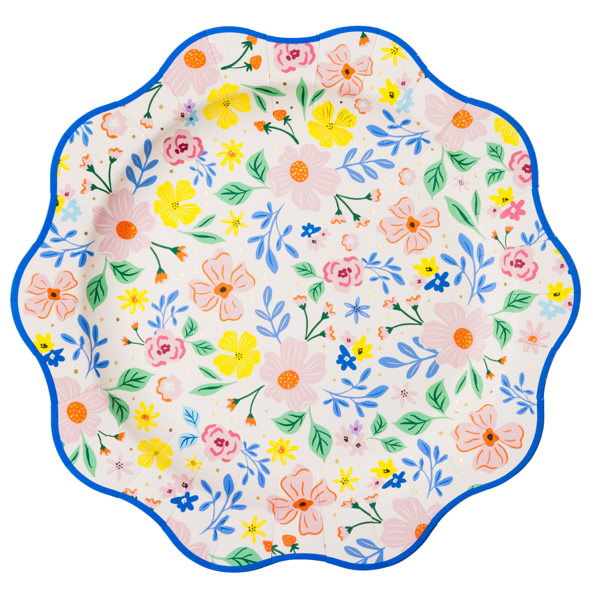 Multicolor floral dinner plate with scalloped edges and blue border.
