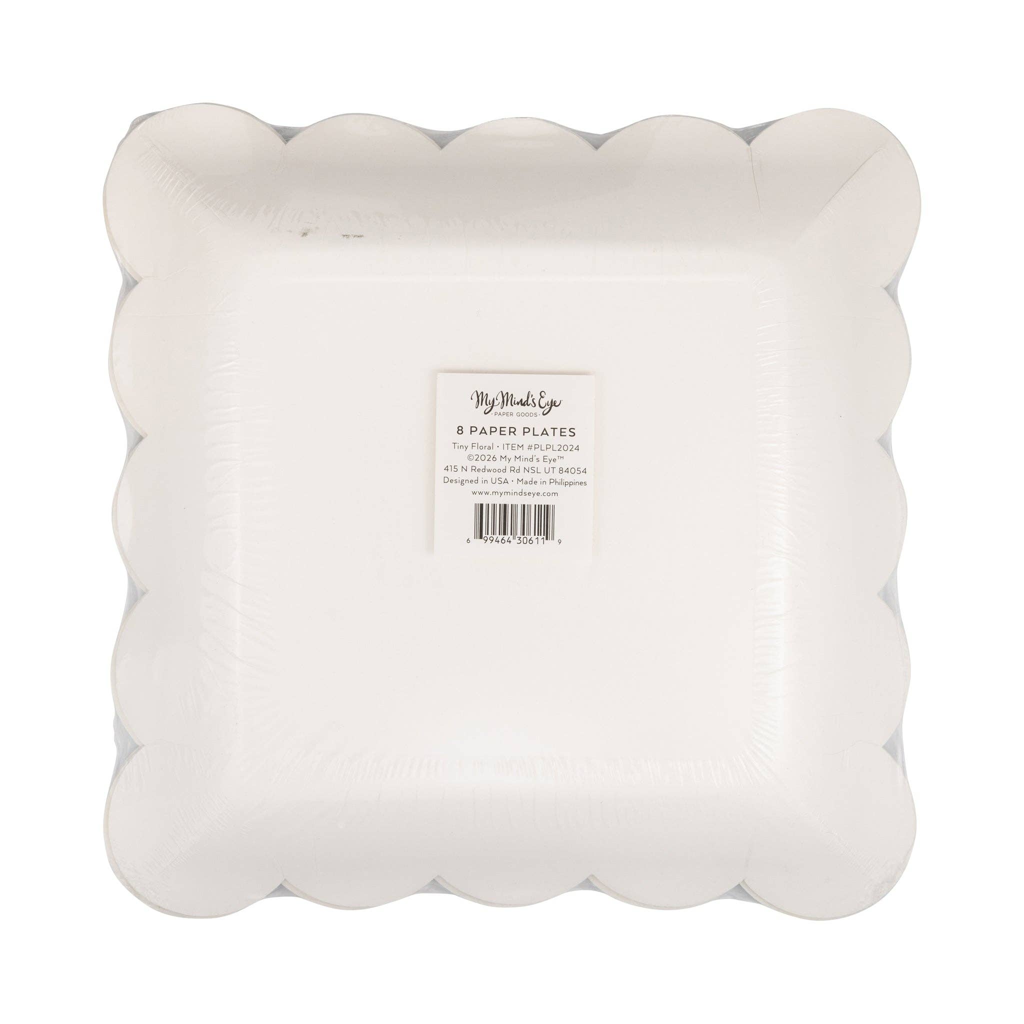 The back of the My Mind's Eye Tiny Floral Gingham plate packaging showing product details and dimensions