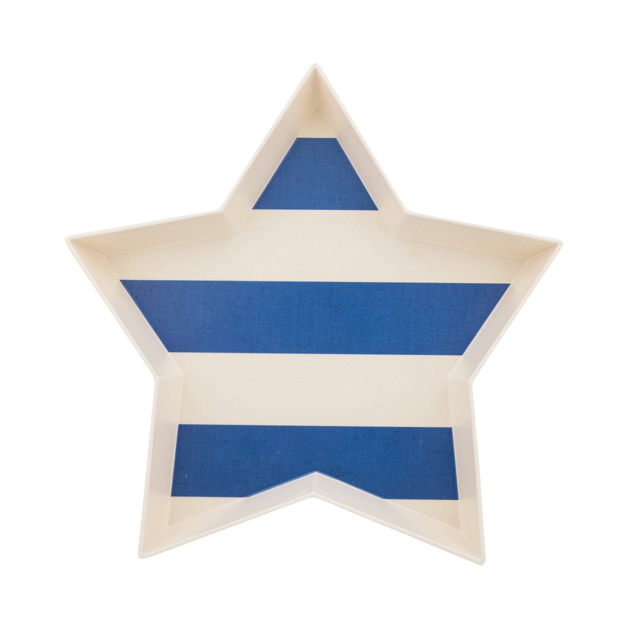Navy and cream striped star shaped bamboo tray product shot on white background