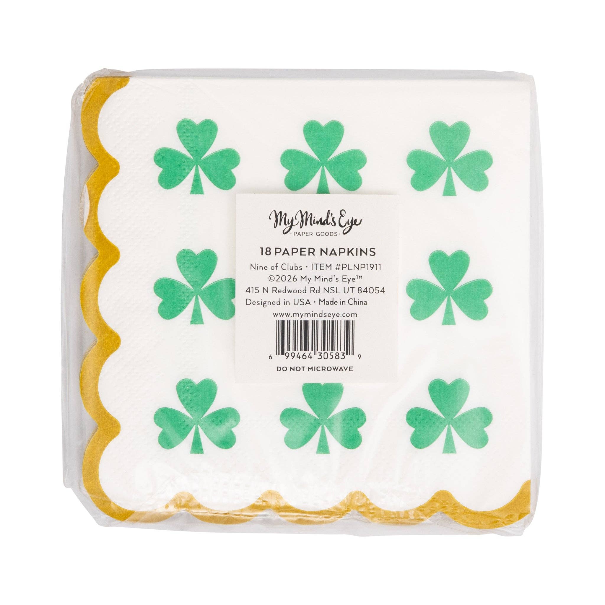 Back view of Foil Nine of Clubs cocktail napkin package with product label