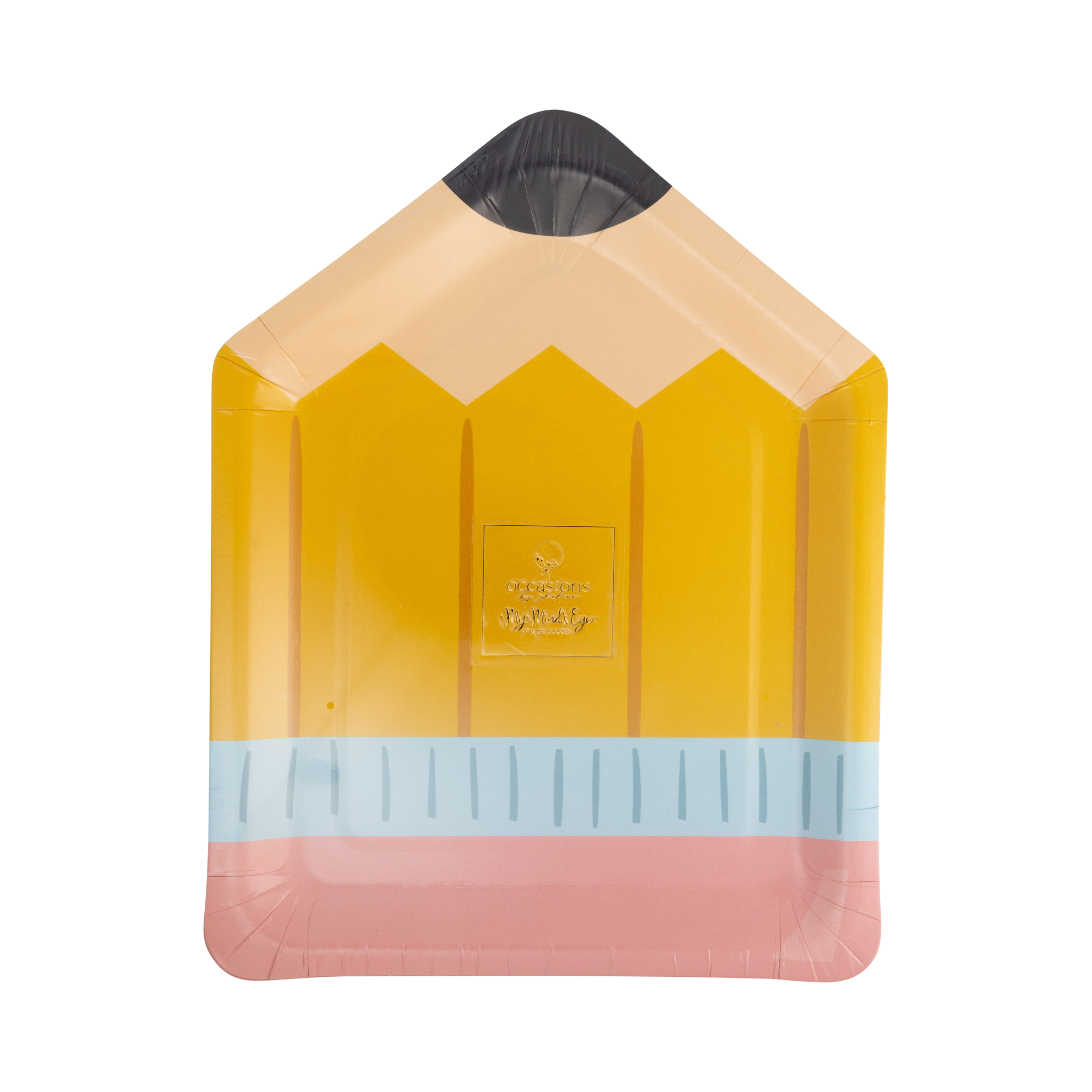 Front of No. 2 pencil shaped paper plate with yellow body, pink eraser, blue ferrule, and black graphite tip