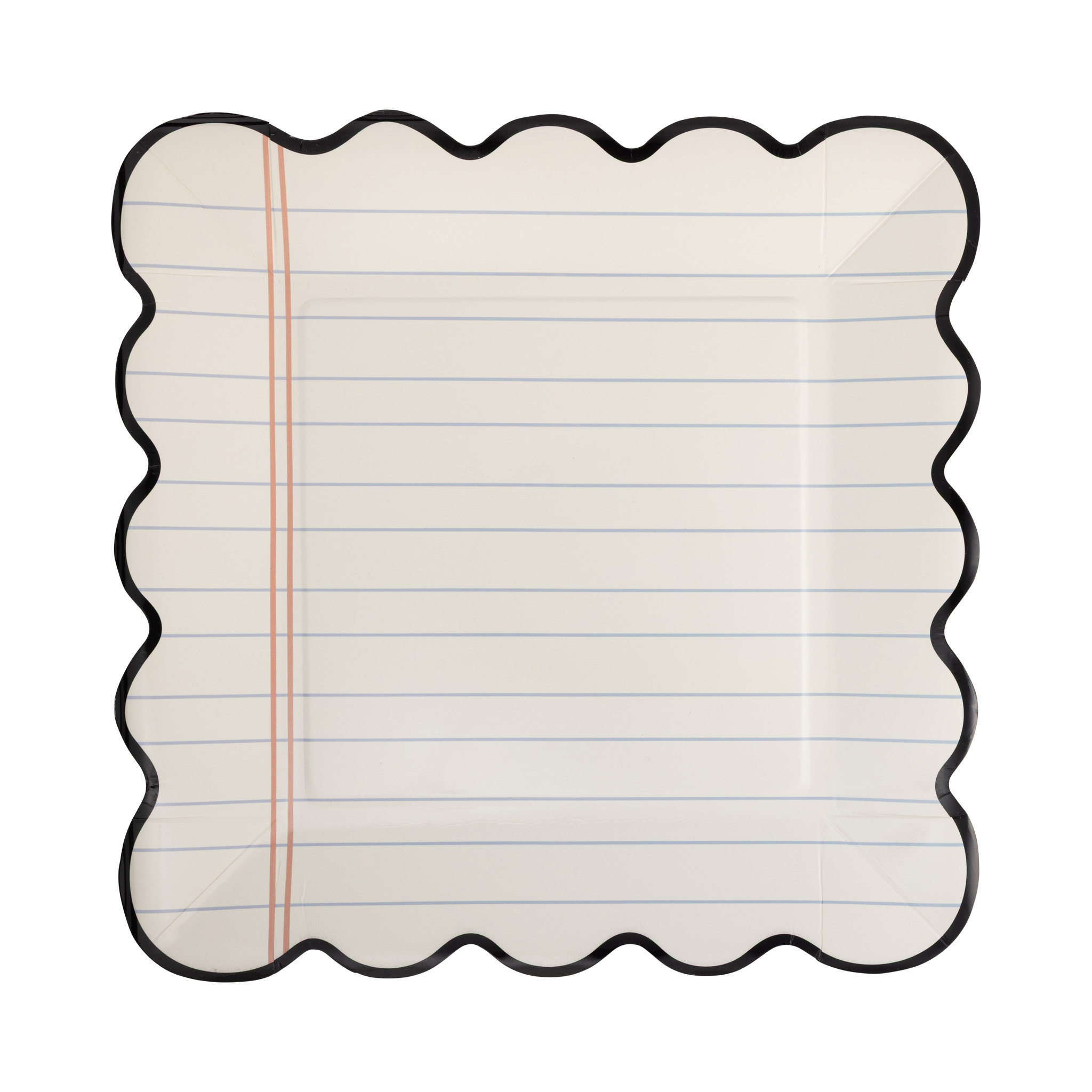 Single notebook paper scalloped plate from above showing 9" x 9" square shape, black scalloped edge, cream lined paper background, and pink margin line