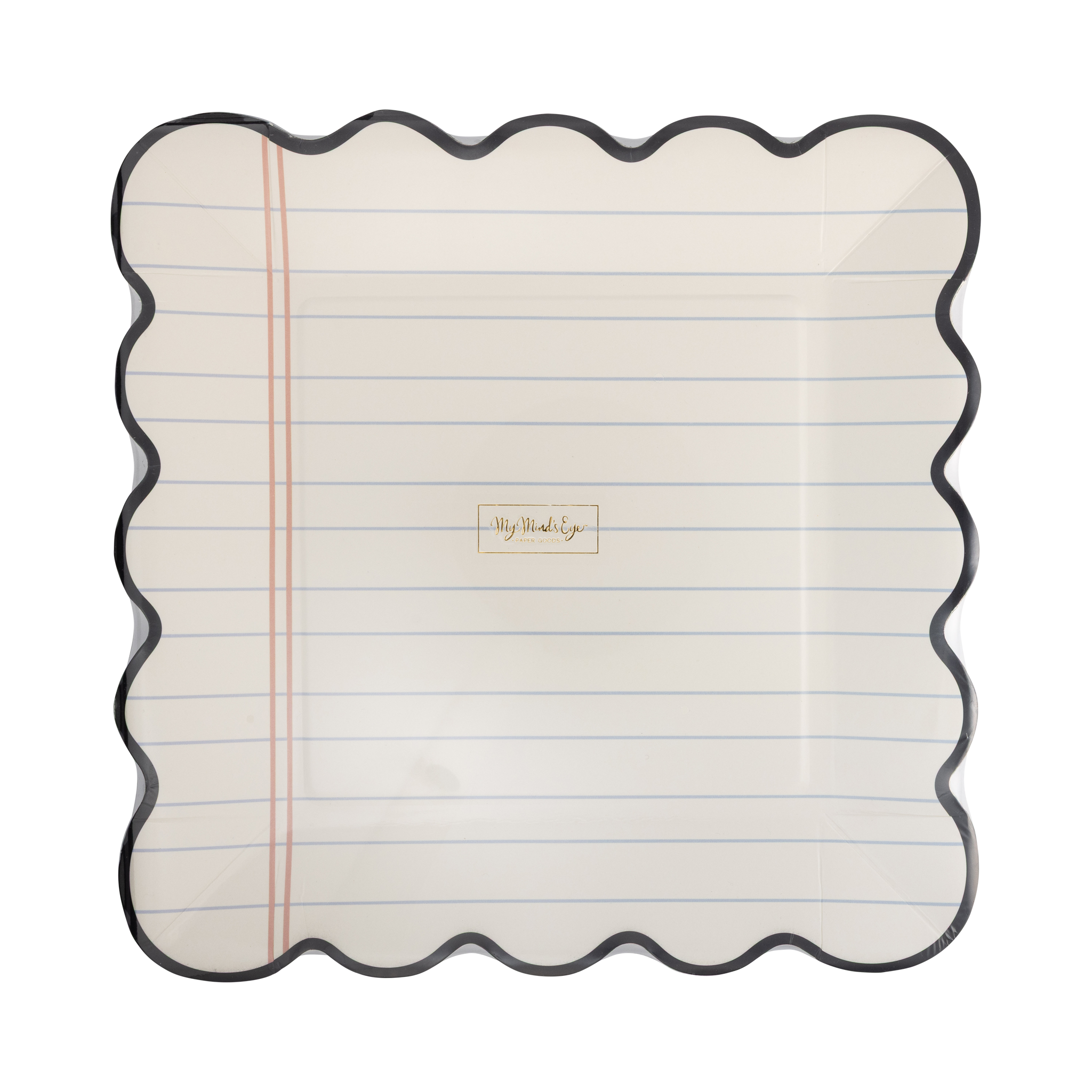 Front of notebook paper scalloped plate stack in clear packaging showing lined paper print, pink margin line, and black scalloped edge with gold foil My Mind's Eye logo