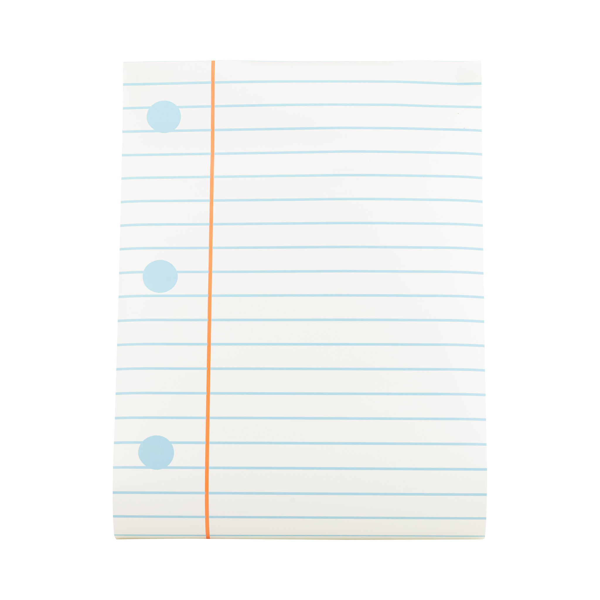 Close-up of notebook paper table runner showing cream background with pale blue ruled lines, orange margin, and three blue hole-punch dots