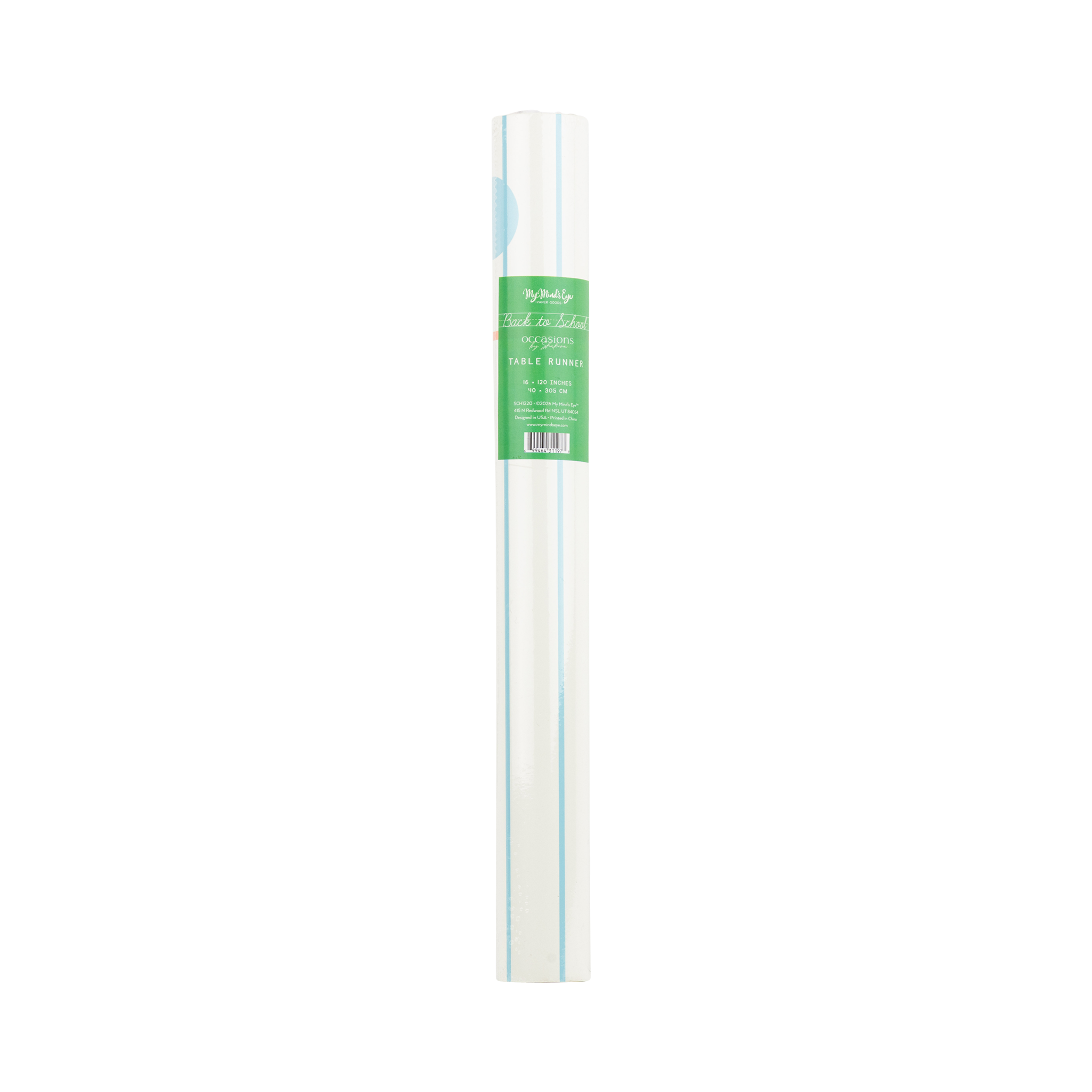 Notebook paper table runner rolled up in packaging showing cream paper with blue lines and product label