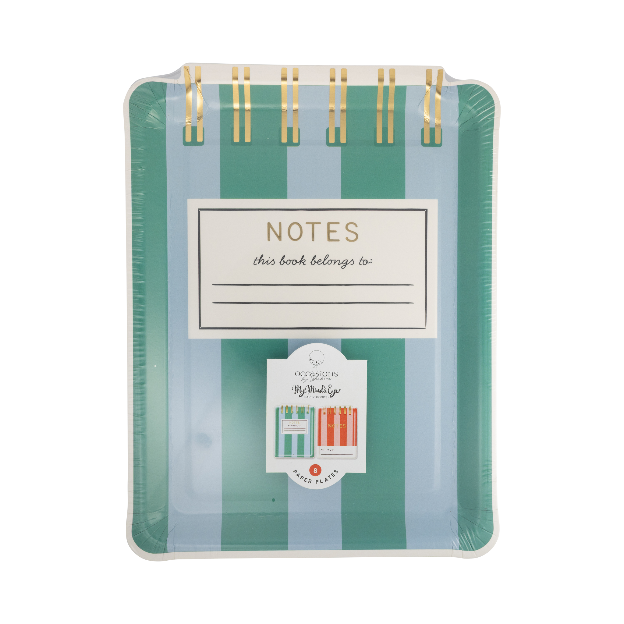 Teal and blue striped notebook shaped paper plate with gold foil spiral binding detail and gold foil "NOTES" title