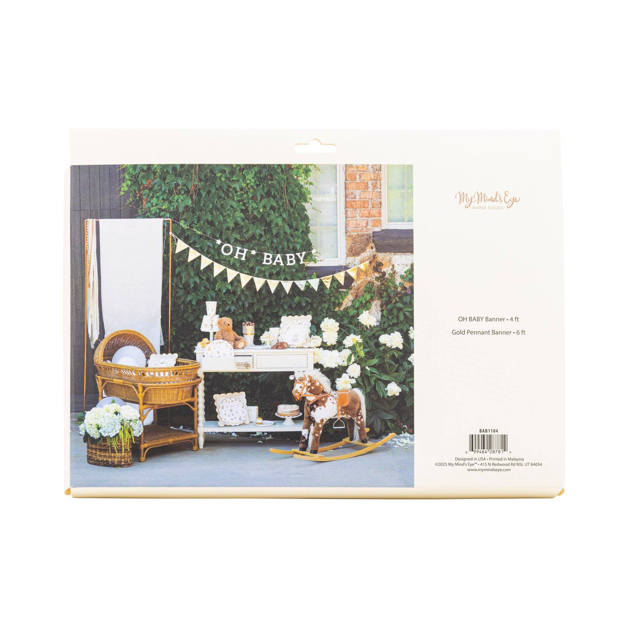 Back of Oh Baby felt and gold banner set packaging showing display example
