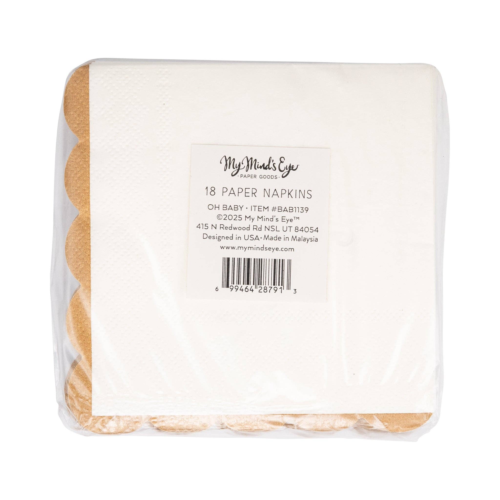 Back of Oh Baby gold and tan paper cocktail napkins package