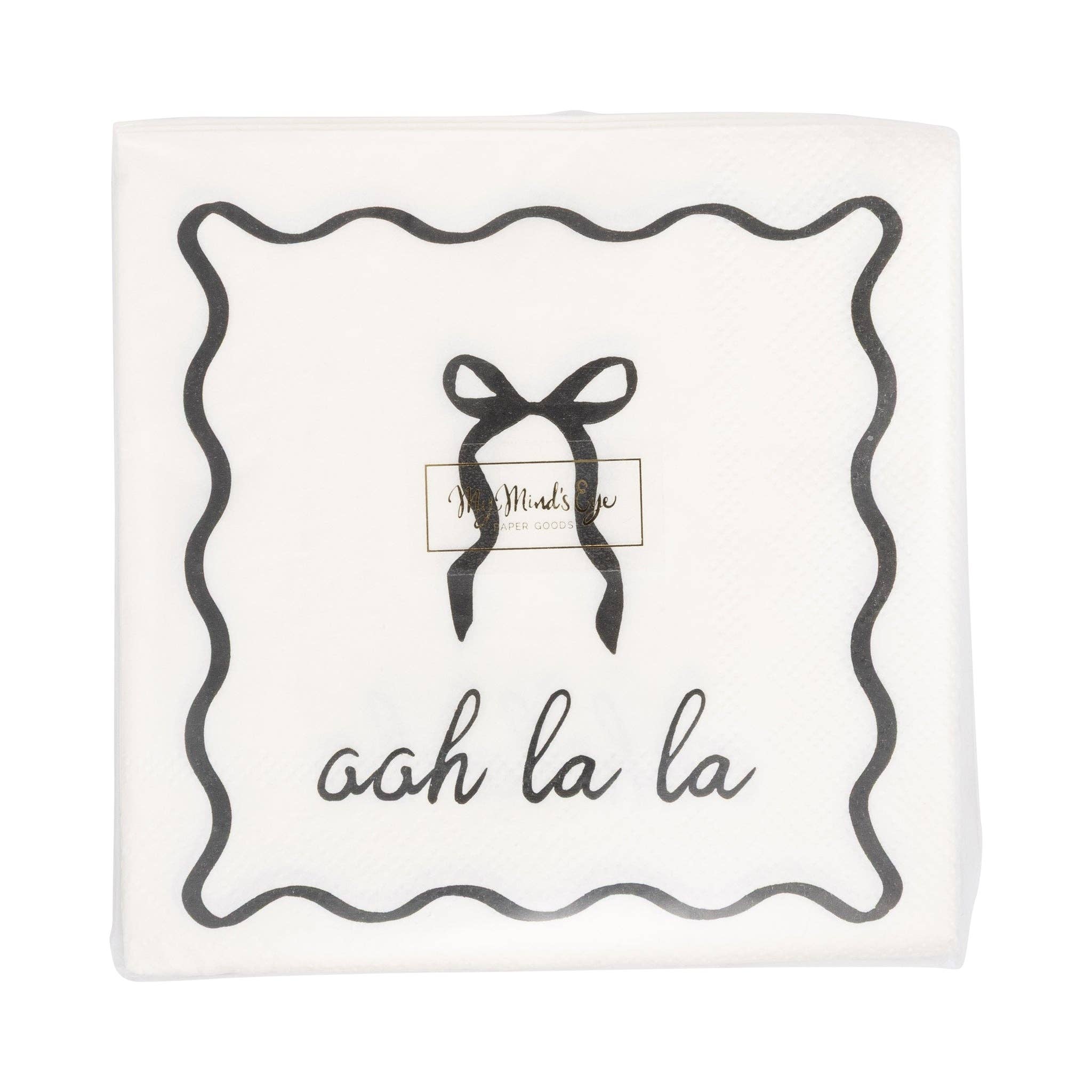 Packaged set of Oh La La black and white cocktail napkins.