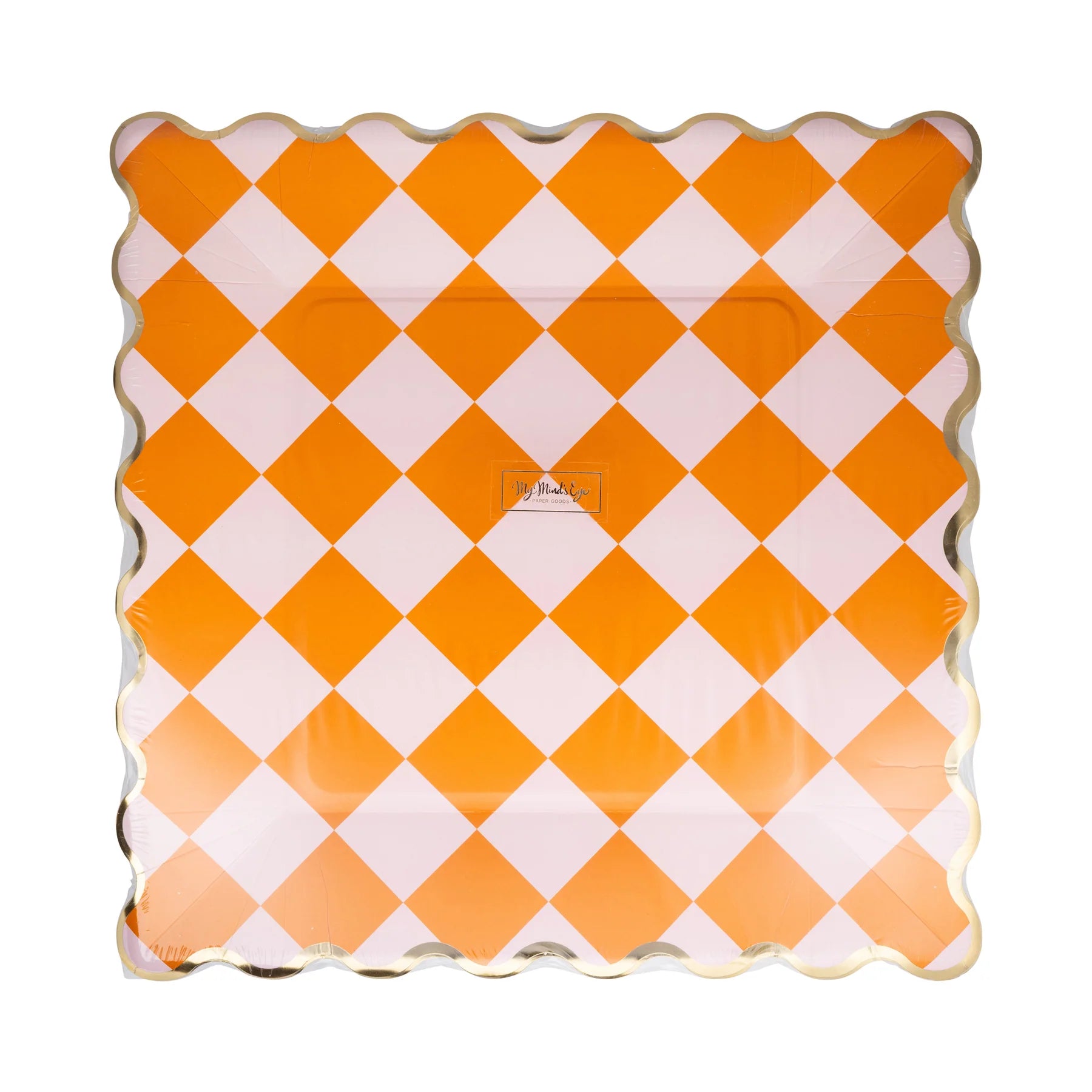 Shrink-wrapped set of eight 11-inch square Halloween paper plates featuring retro orange-and-pink checkered pattern and metallic gold scalloped rim, shown in retail packaging front view.