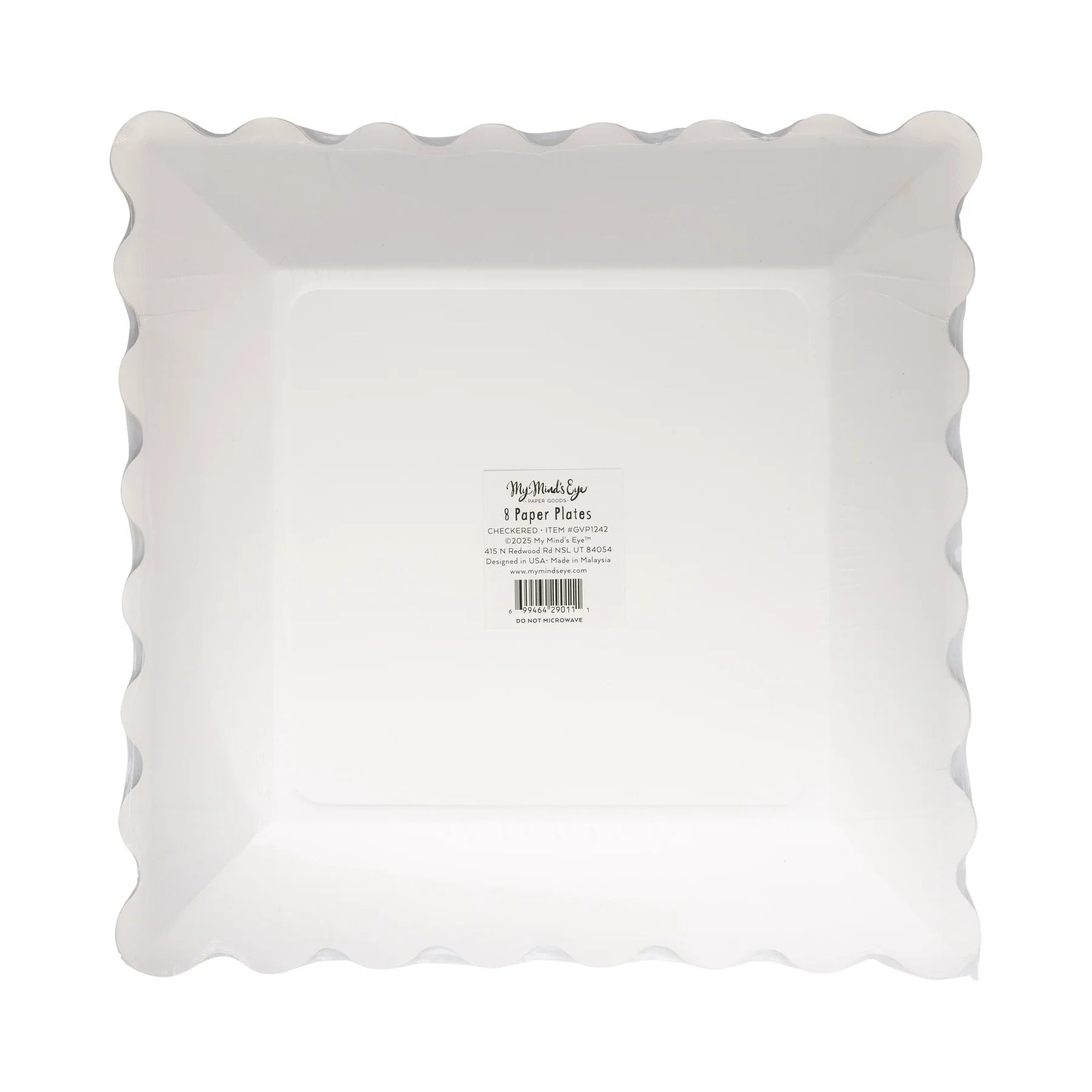 Back of retail pack for groovy Halloween checkered dinner plates, displaying barcode and product label on white reverse side of scalloped square plate bundle.