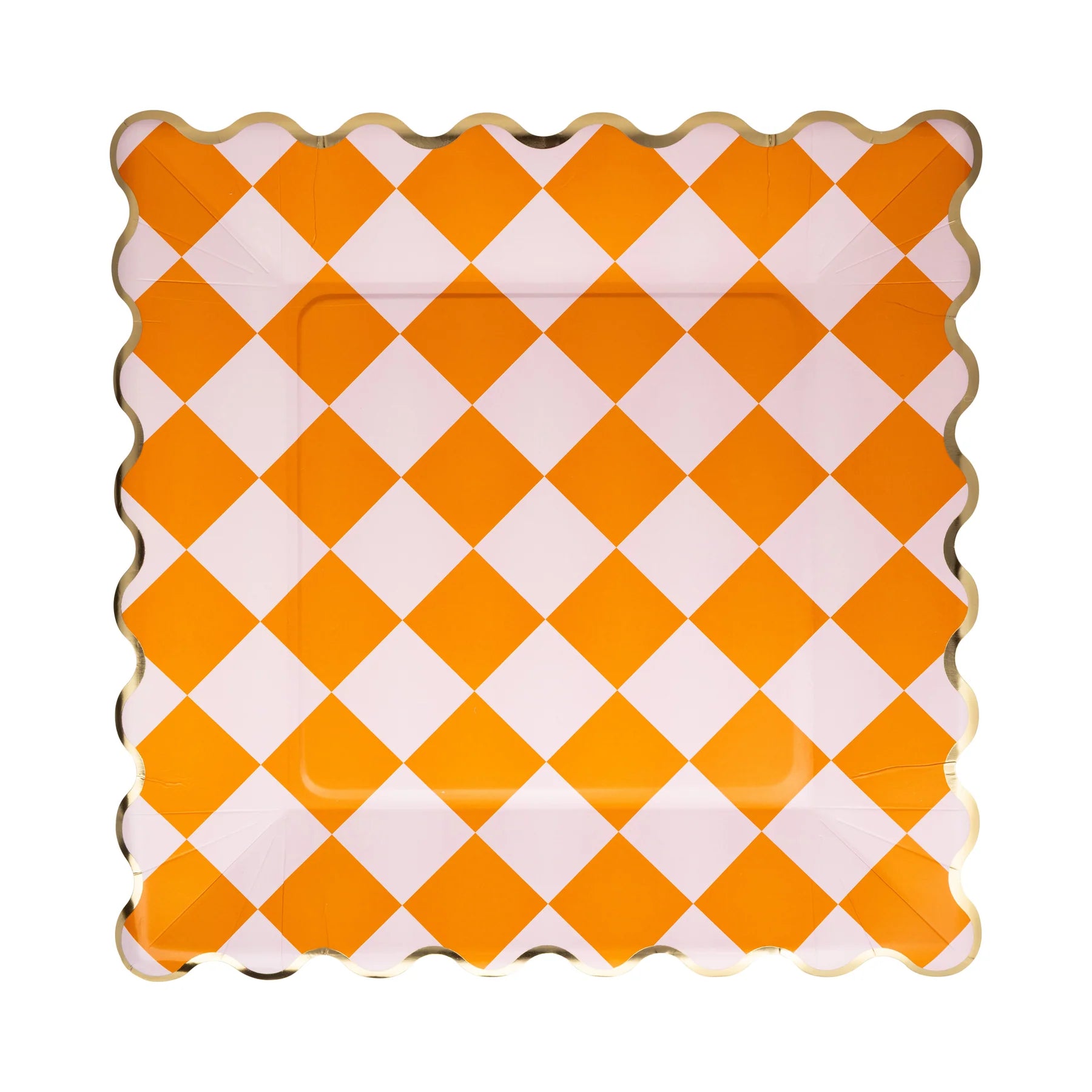 Single 11-inch square paper plate with vibrant orange and pastel pink diamond check pattern and shiny gold scalloped edge, perfect as bold orange Halloween dinnerware.