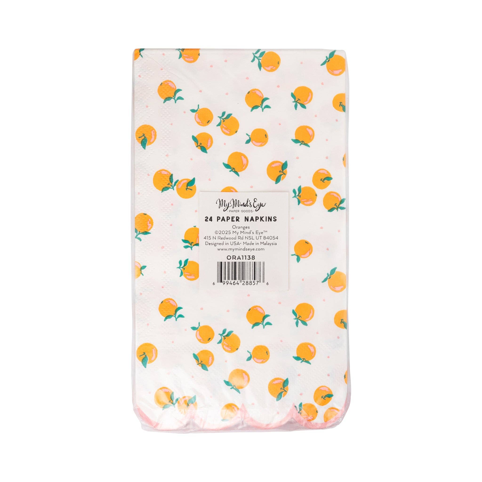 Back of packaged orange dinner napkins showing product label.