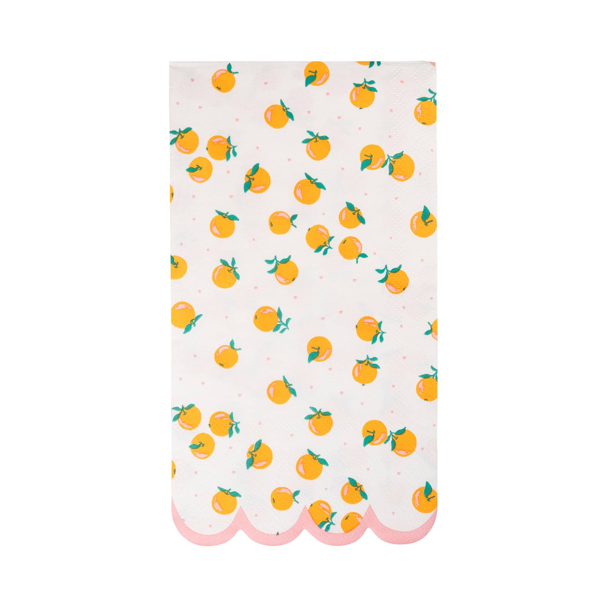 Orange dinner napkin with scattered citrus print and pink scalloped border.
