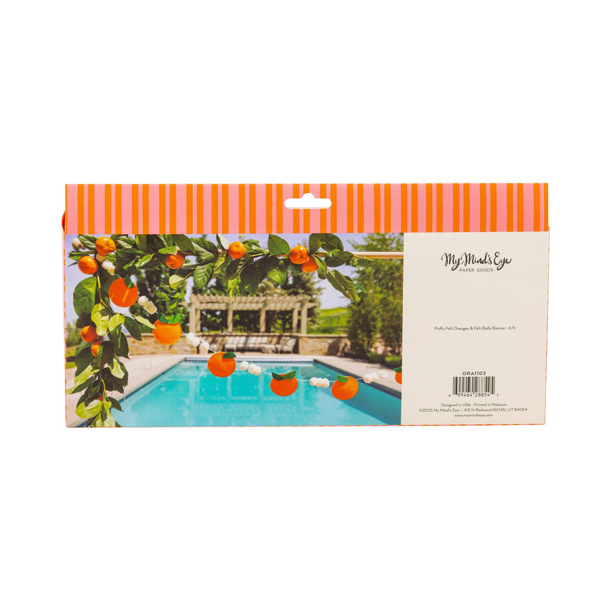 Back of orange felt banner packaging with product display photo.