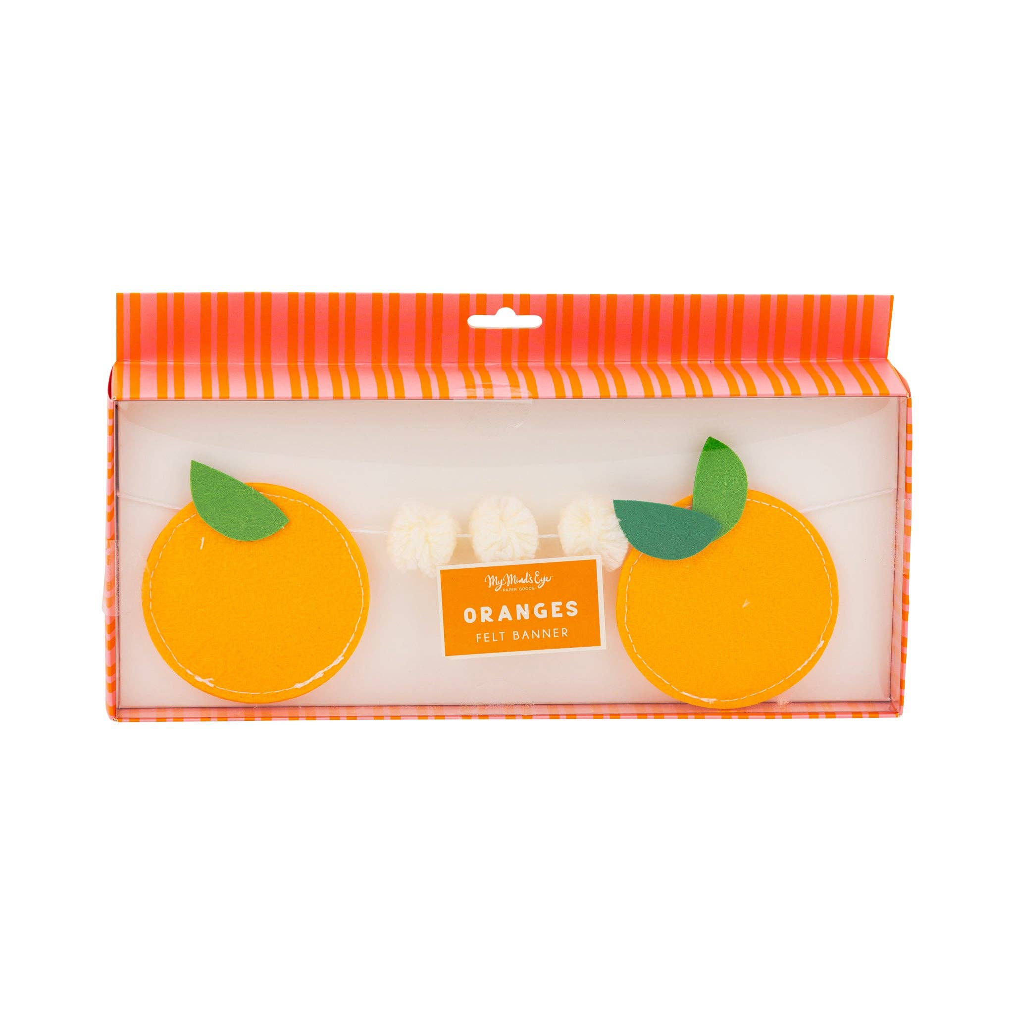 Packaged orange felt banner with striped packaging.