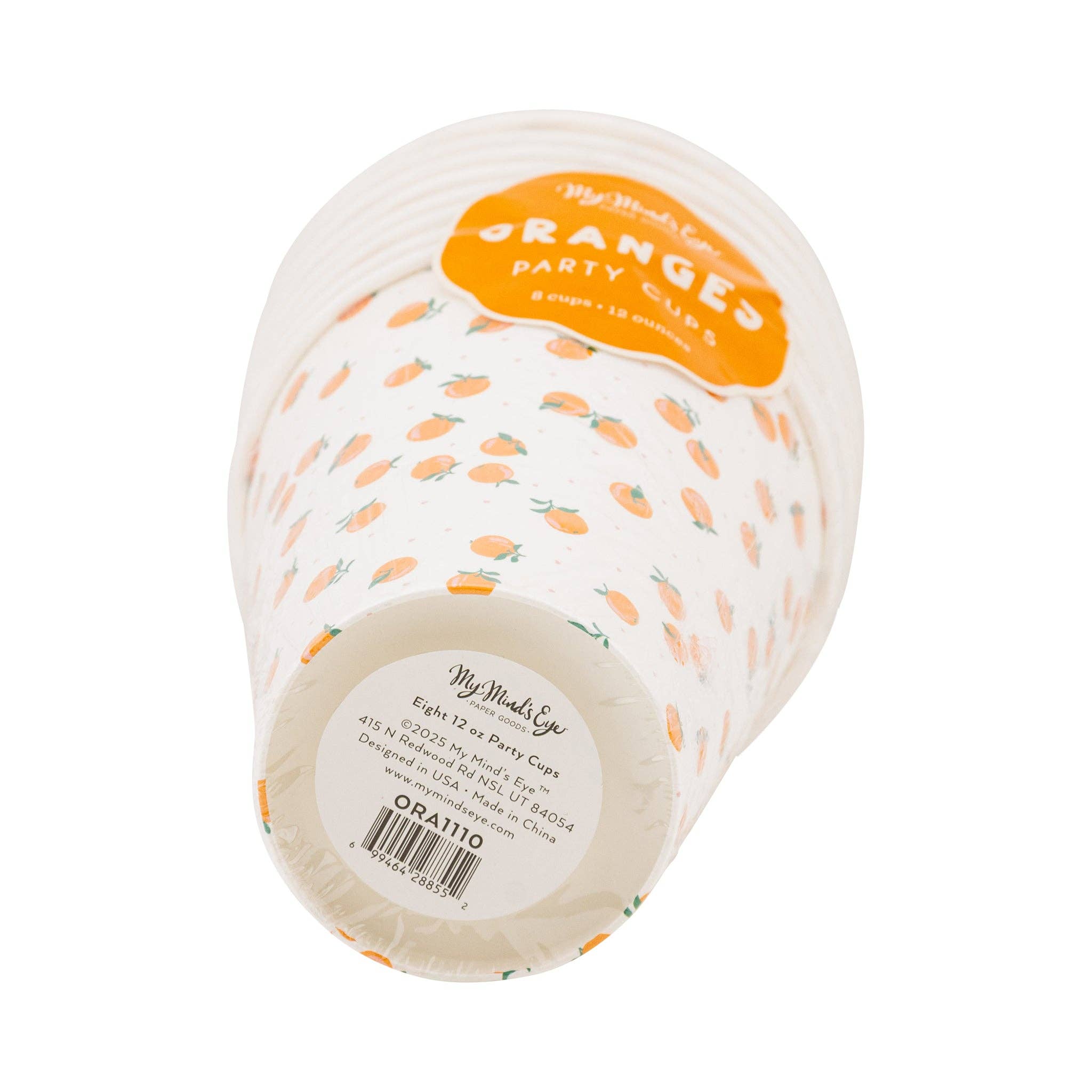 Bottom view of stacked orange themed party cups packaging.