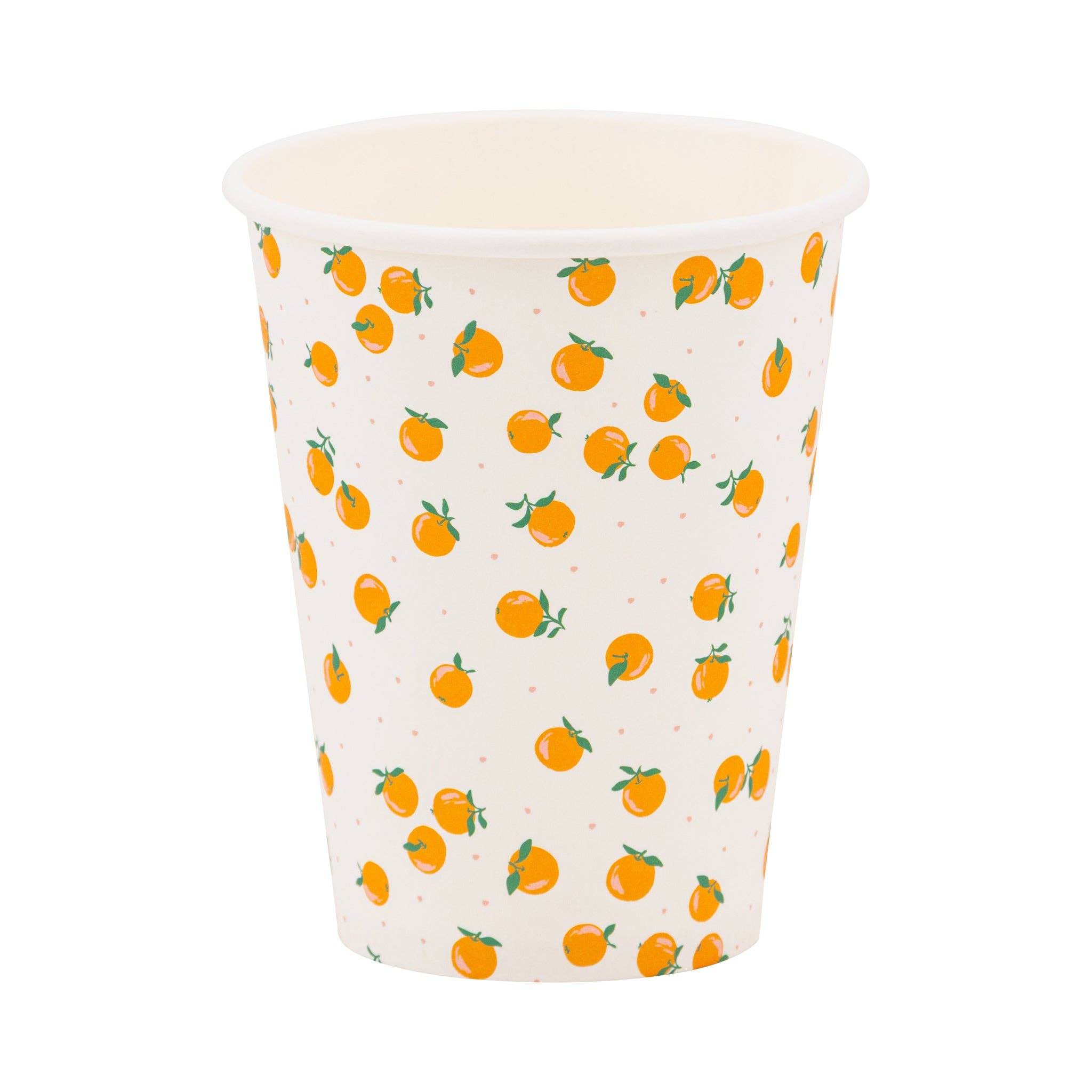 Orange print paper party cup with small citrus illustrations on a cream background.