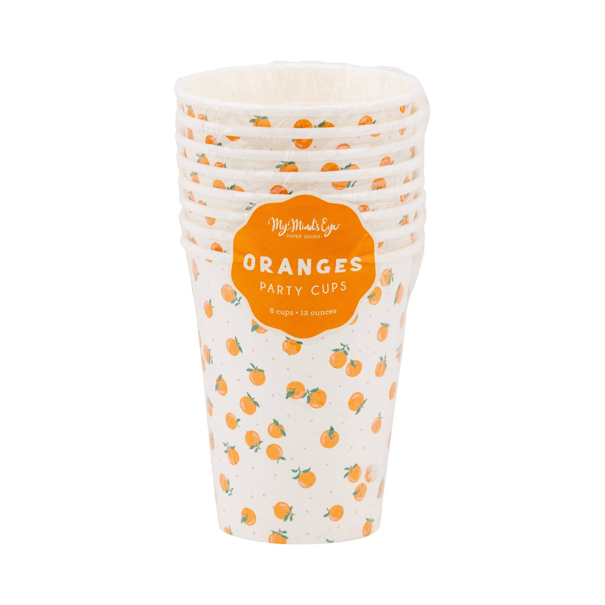 Pack of orange print paper party cups by My Mind’s Eye.