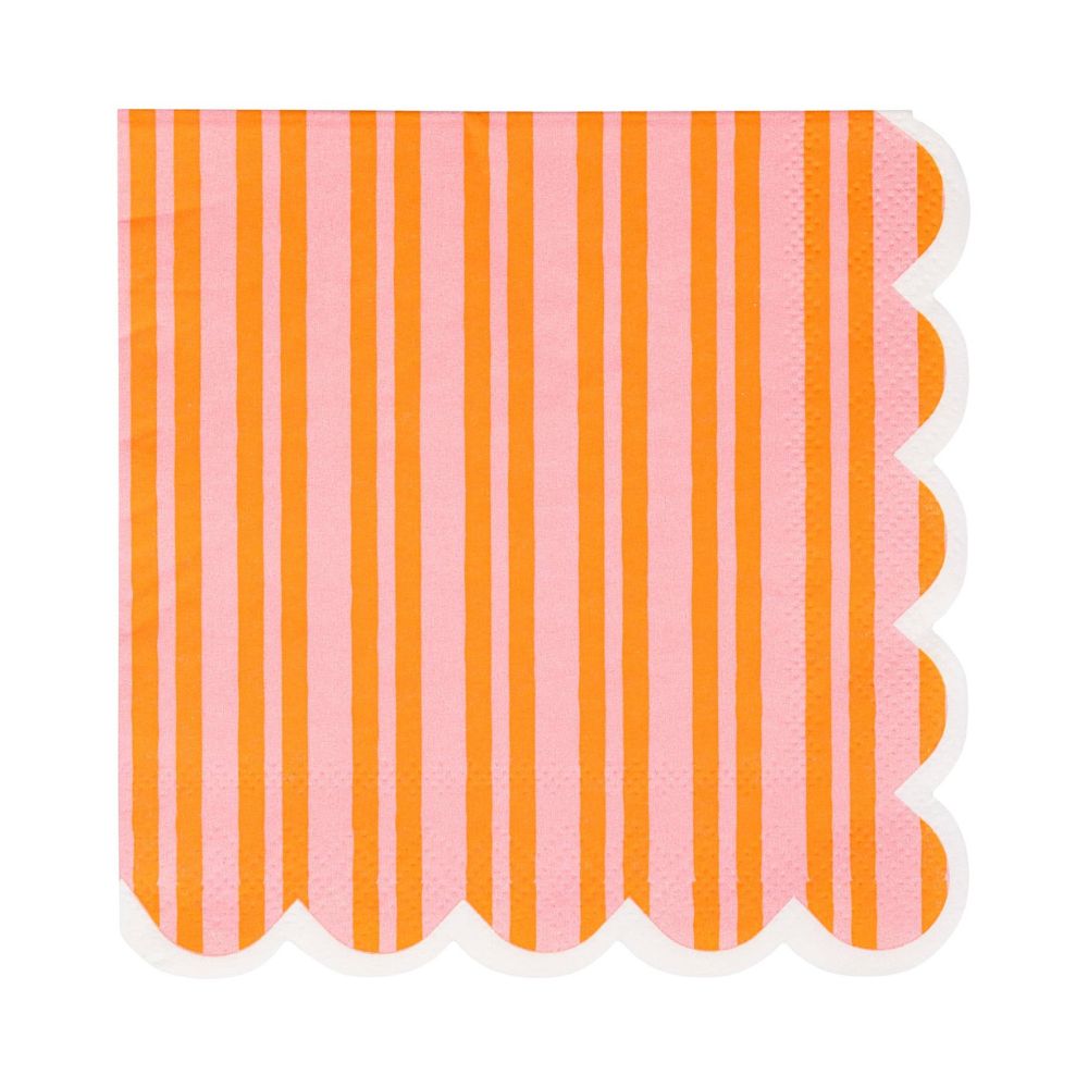 Orange and pink striped cocktail napkin with scalloped white edge.

