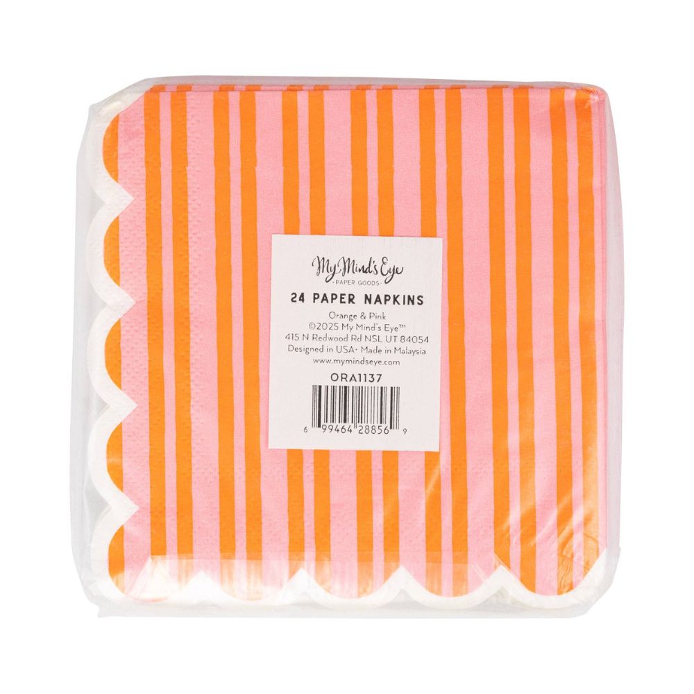 Back of packaged orange and pink striped cocktail napkins showing product label.