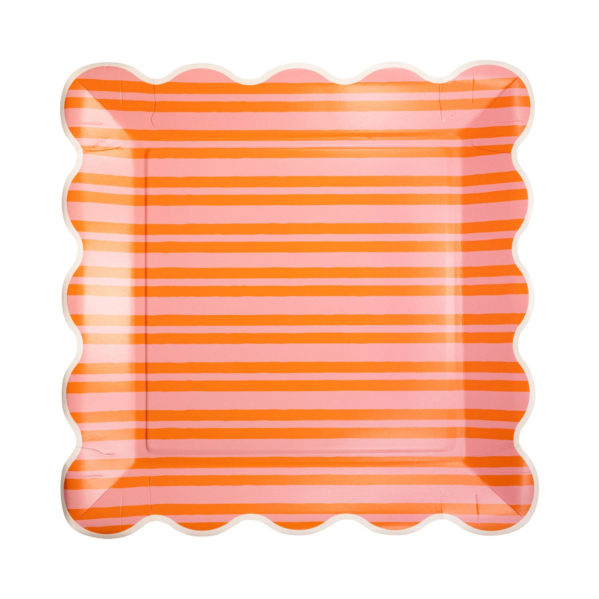 Orange and pink striped scalloped paper plate.

