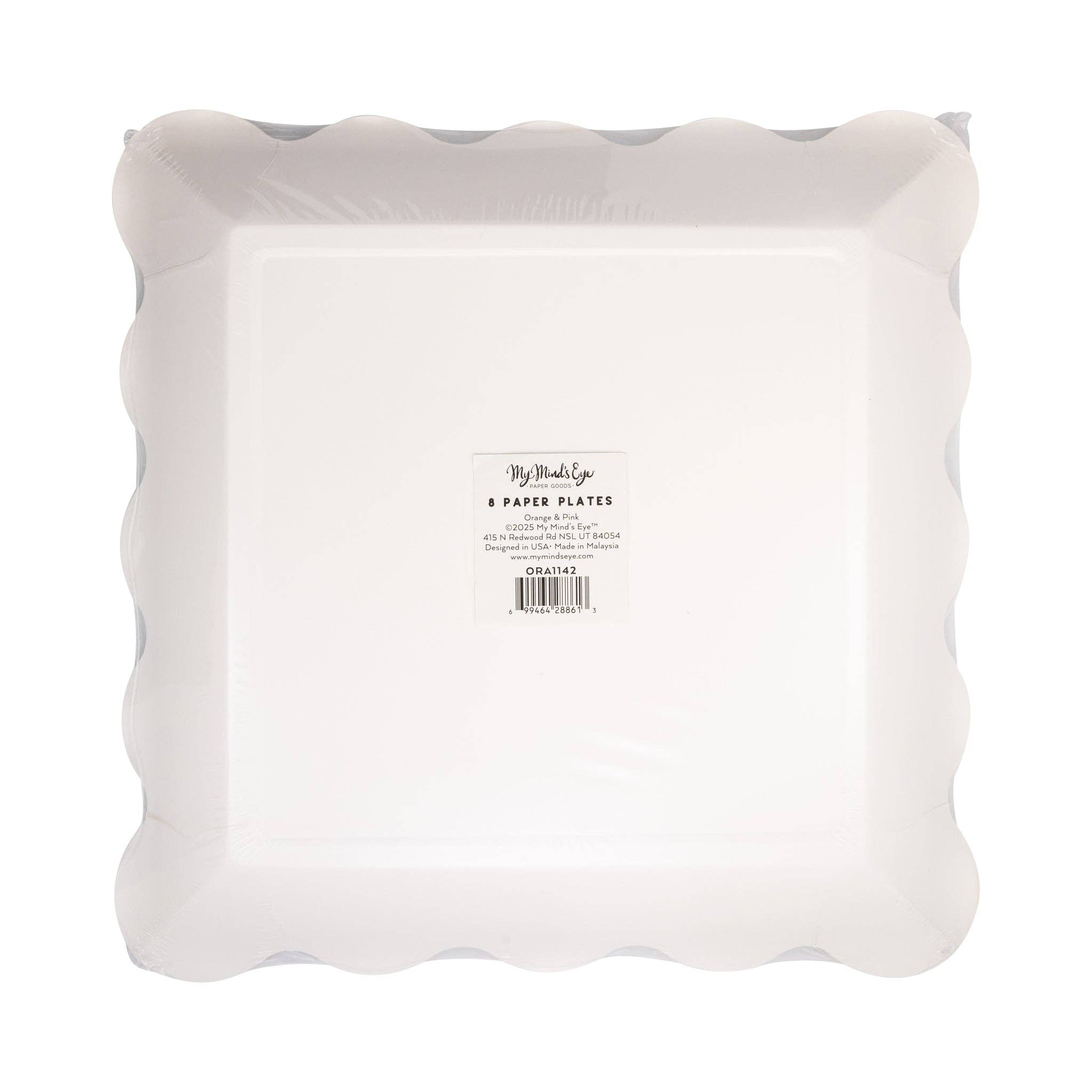 Back of orange and pink striped paper plate packaging showing product label.