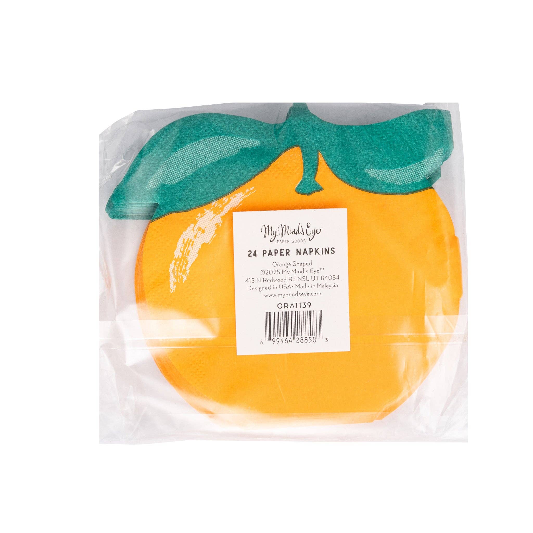 Back of packaged orange shaped cocktail napkins showing product label.