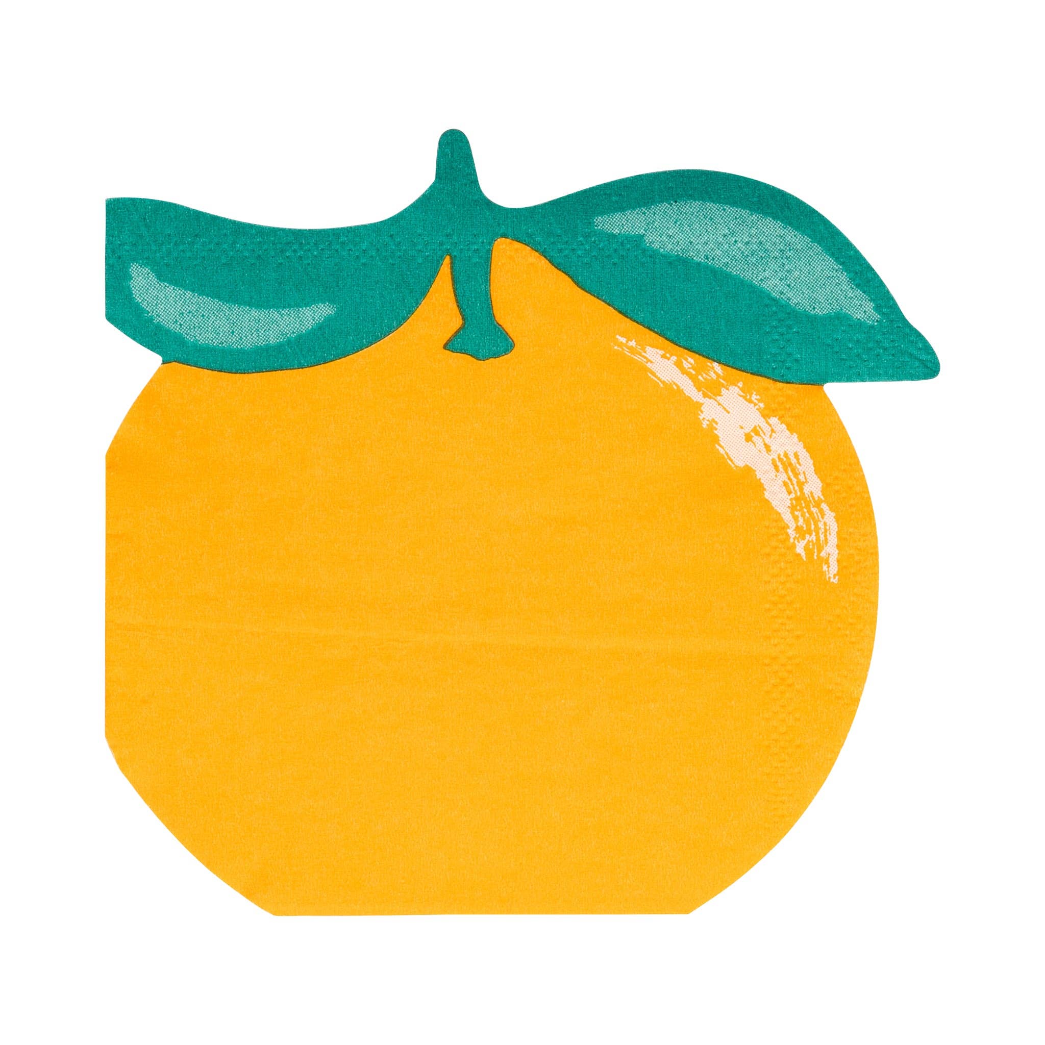Orange shaped cocktail napkin with green leaf detail.
