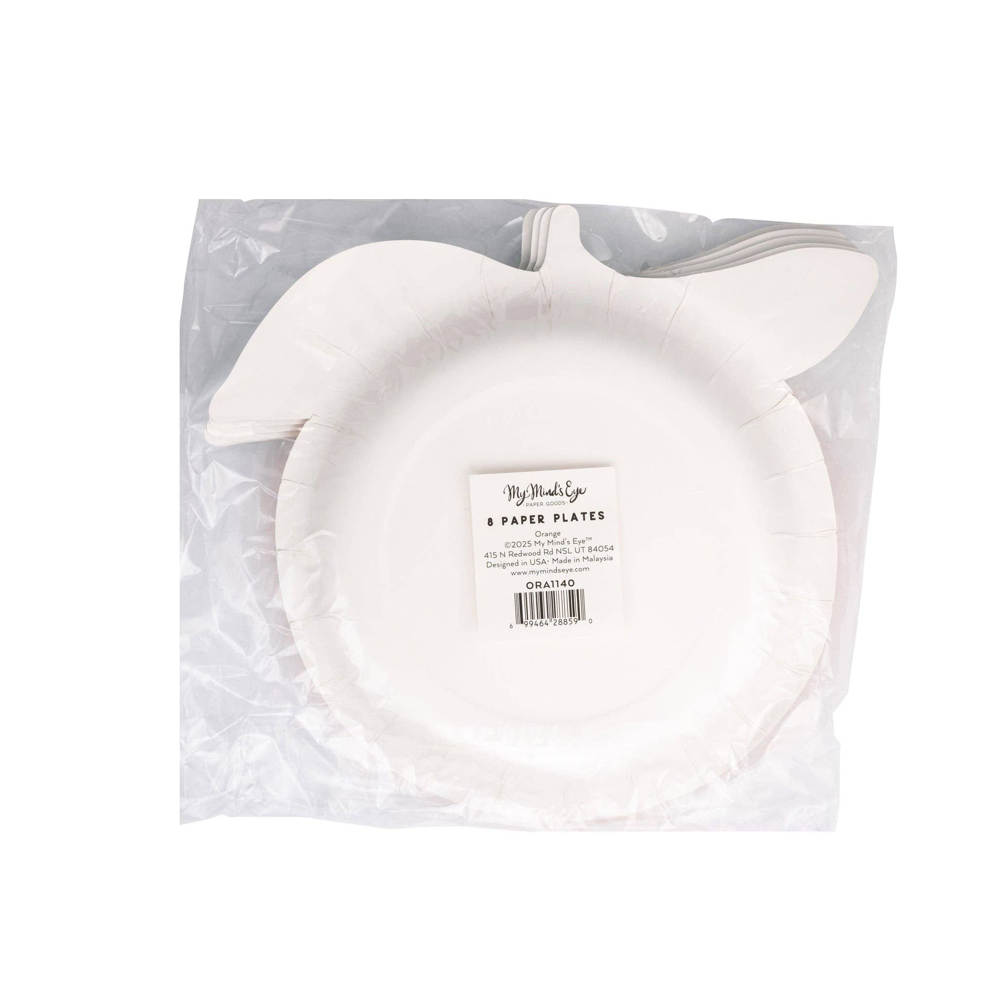 Back of packaged orange shaped paper plates showing product label.
