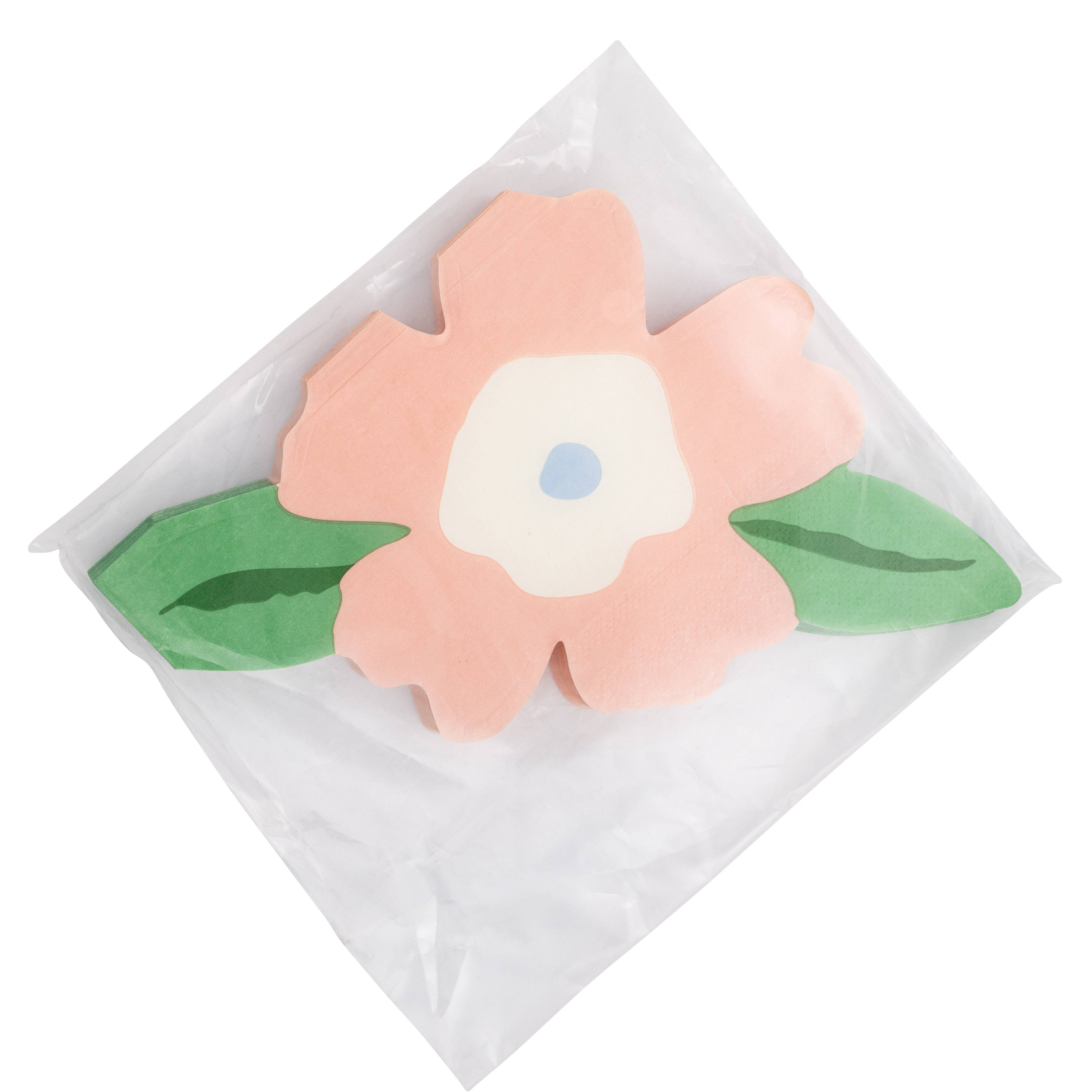 Packaged pink flower-shaped floral napkins inside clear wrapping