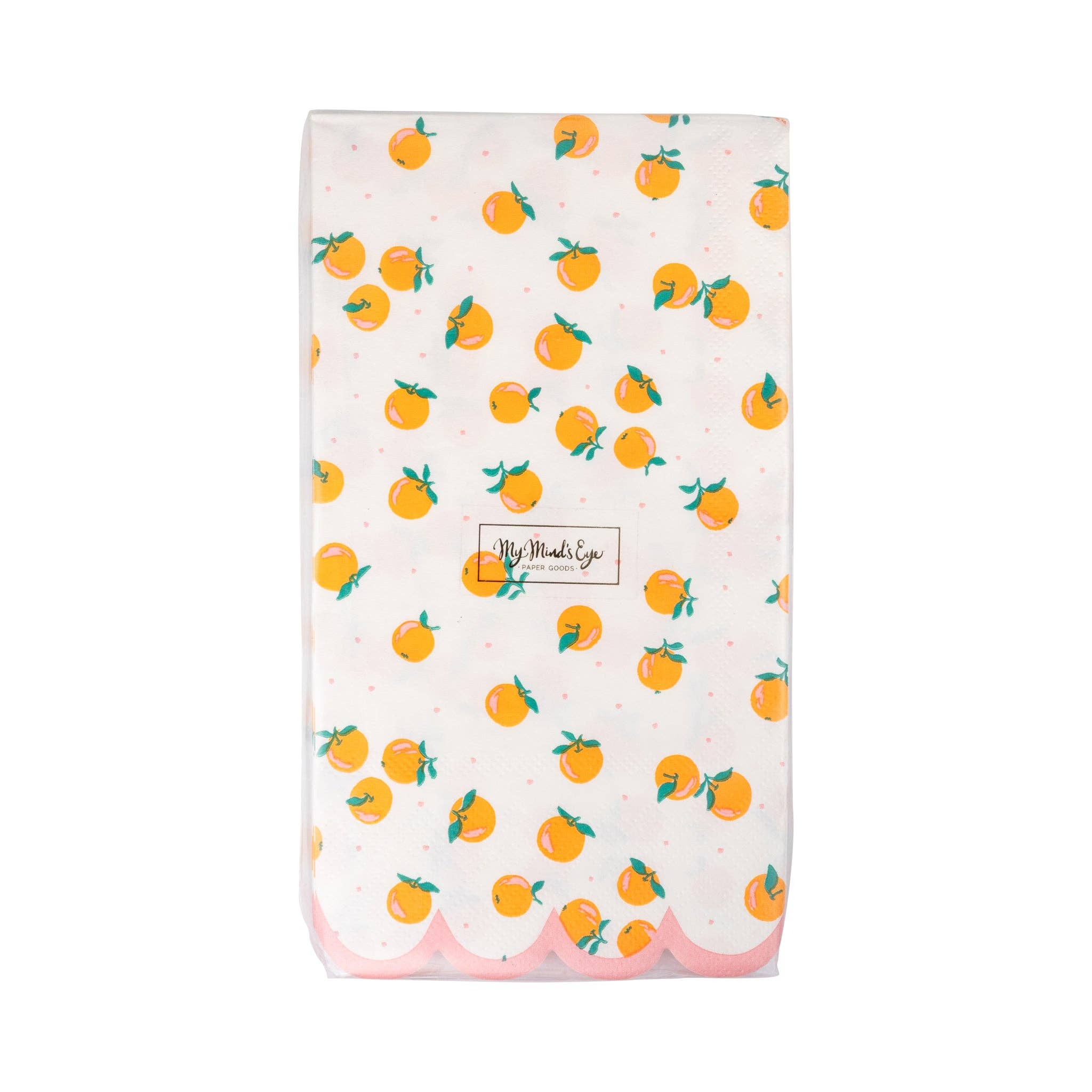 Packaged orange dinner napkins with scattered orange print.

