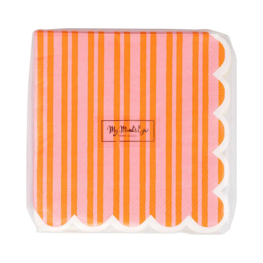 Packaged orange and pink striped cocktail napkins from My Mind’s Eye.
