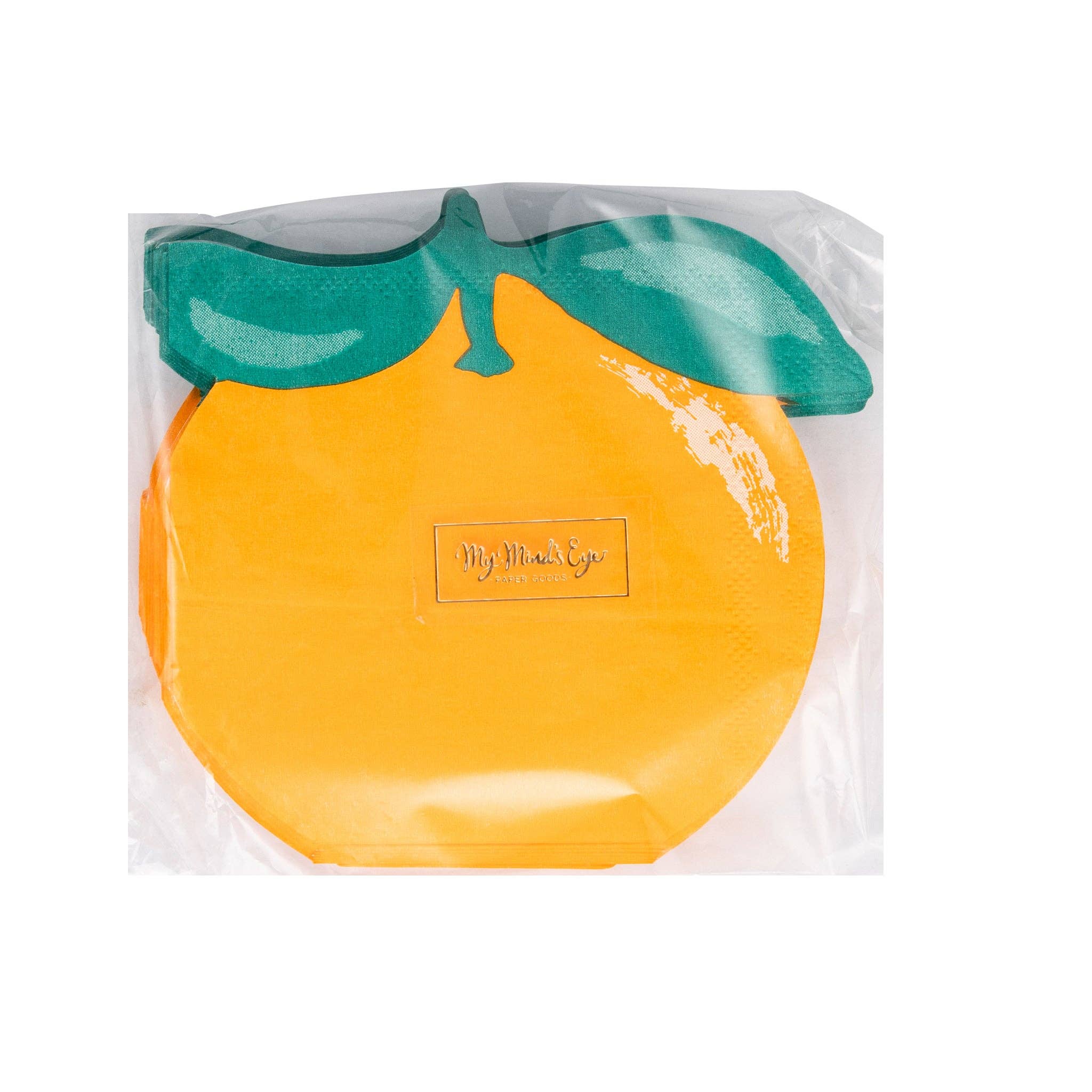 Packaged orange shaped cocktail napkins front view.
