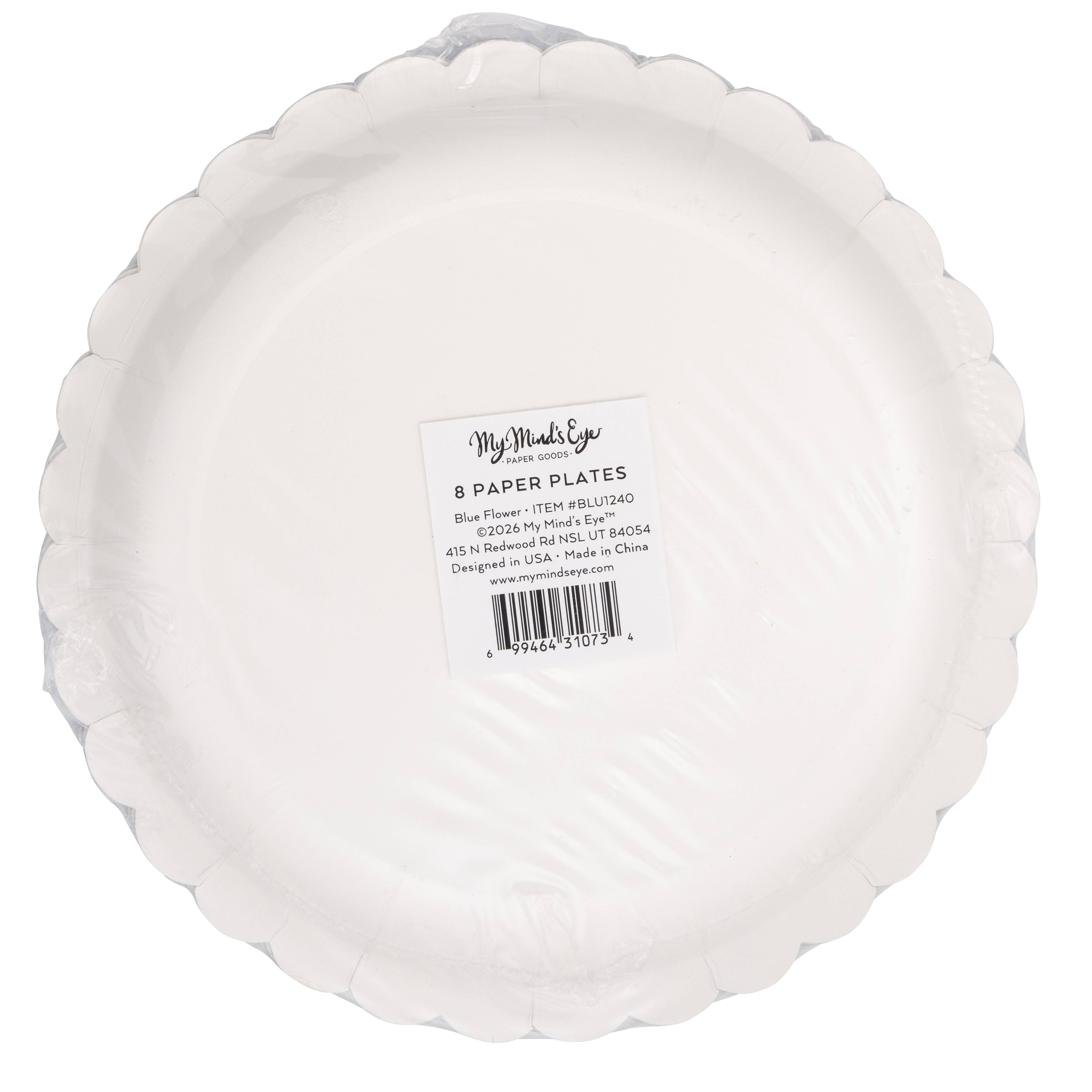 Back of packaged blue floral Easter paper plates showing product label.