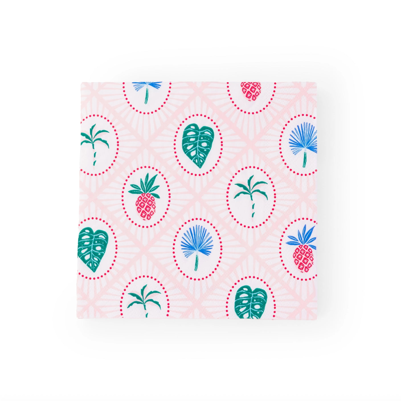 Single folded napkin showing repeating icons of pineapples, monstera leaves, and blue palm fronds on lattice background.