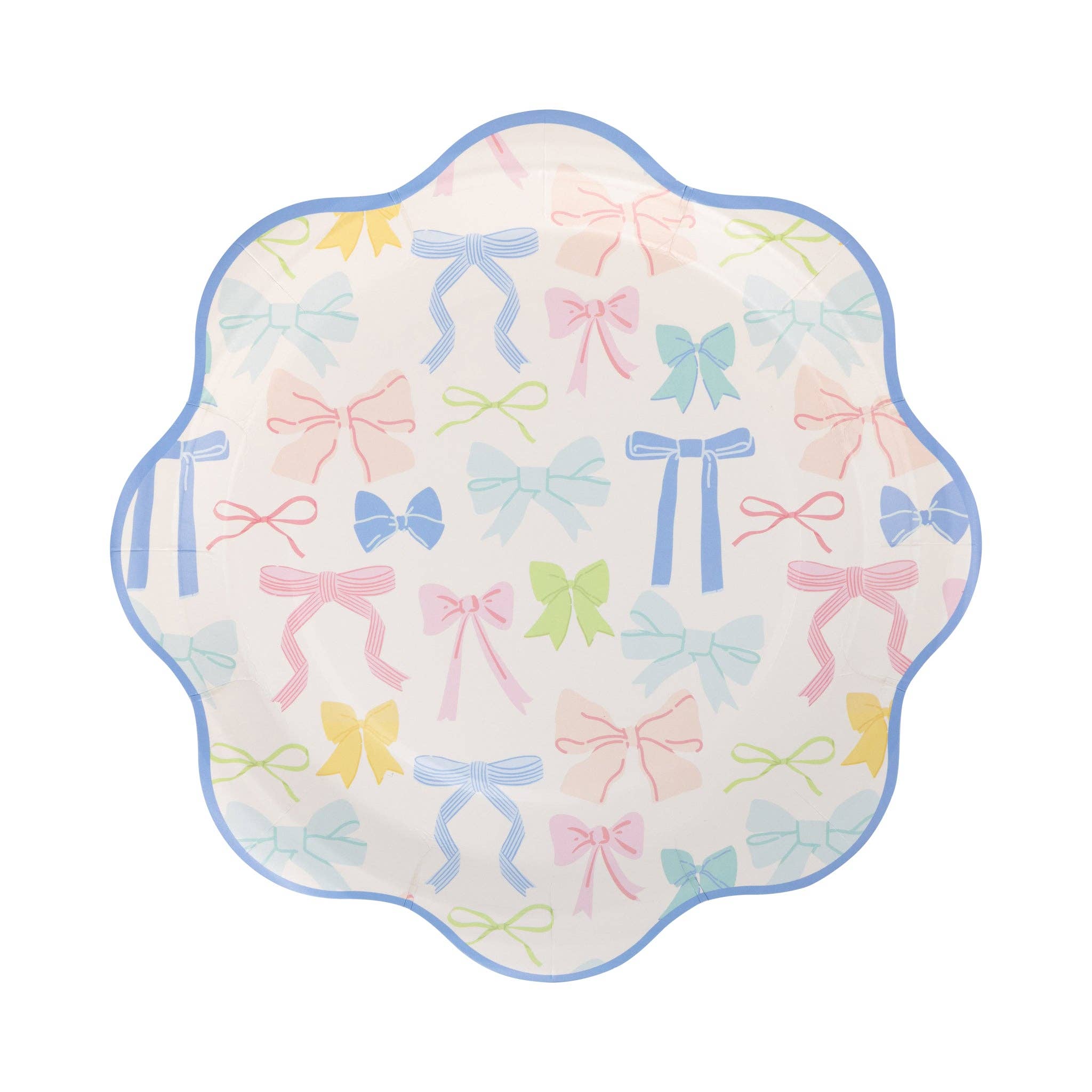 scalloped paper plate with pastel bow pattern and blue rim.