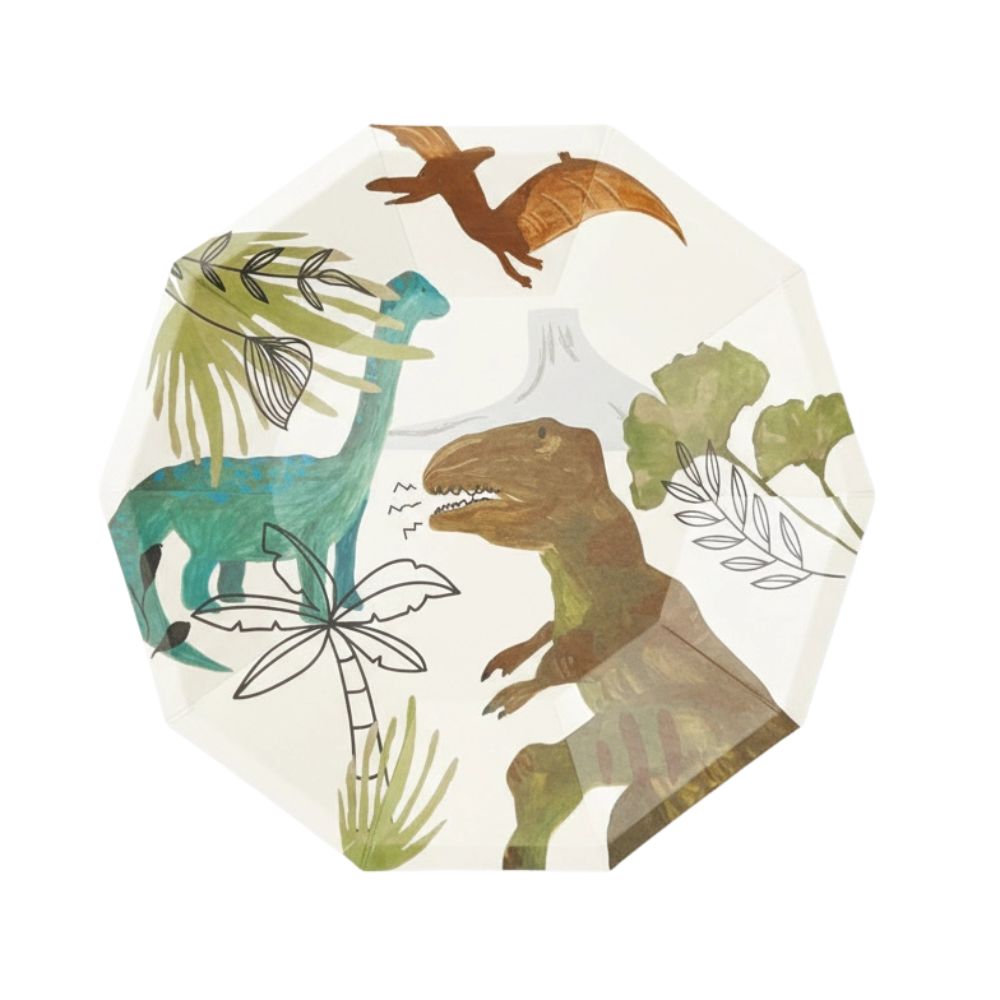 pastel dinosaur small plate with t rex and brontosaurus illustration
