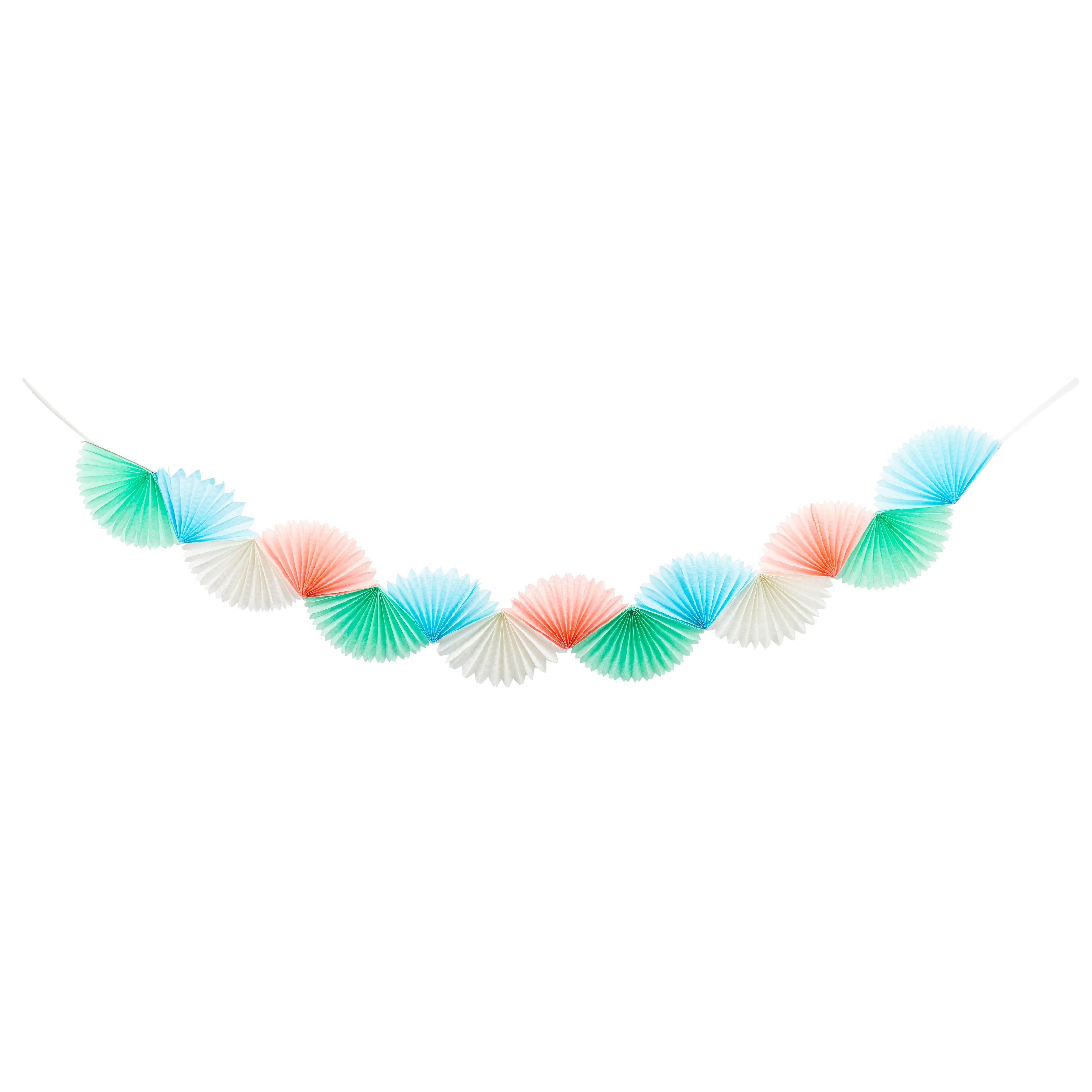 Pastel tissue fan Easter garland in blue pink yellow and green on white background