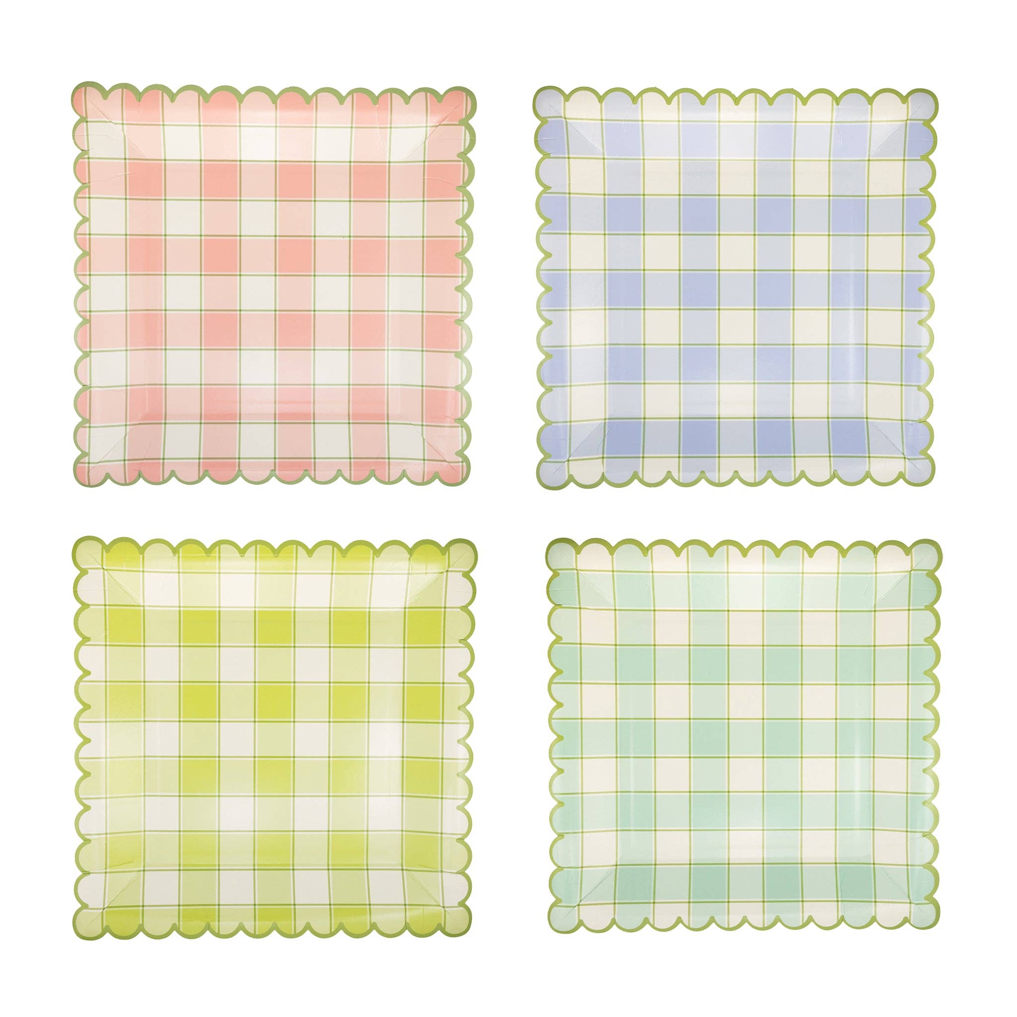 Four square paper plates in pink, blue, yellow, and green pastel plaid patterns with green scalloped edges for an Easter brunch.
